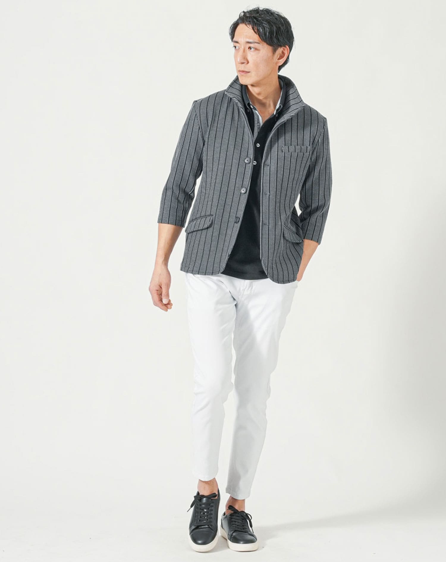 メンズ夏服トップス3点コーデセット　グレー7分袖テーラードジャケット×黒7分袖ポロシャツ×黒半袖Tシャツ