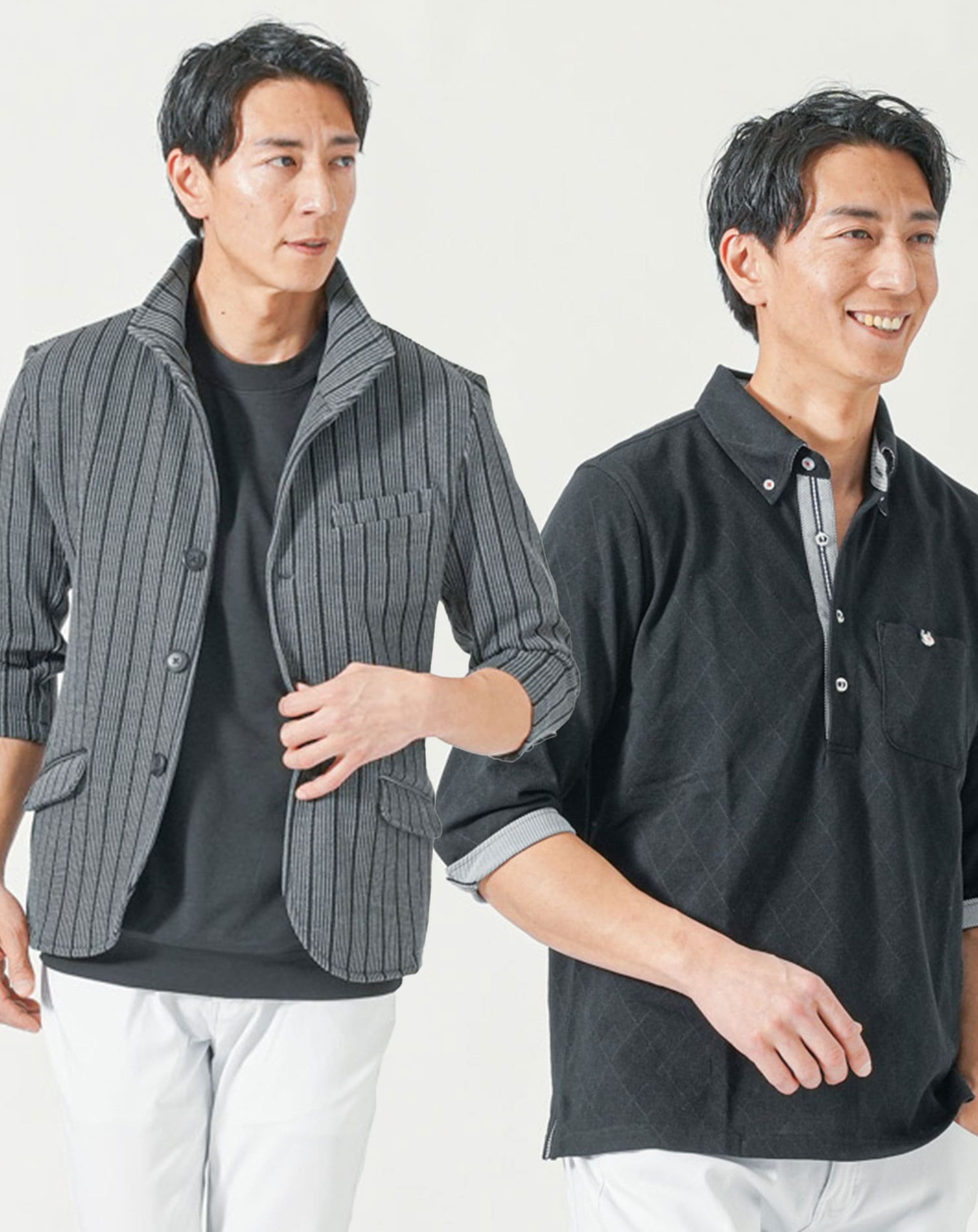 メンズ夏服トップス3点コーデセット　グレー7分袖テーラードジャケット×黒7分袖ポロシャツ×黒半袖Tシャツ