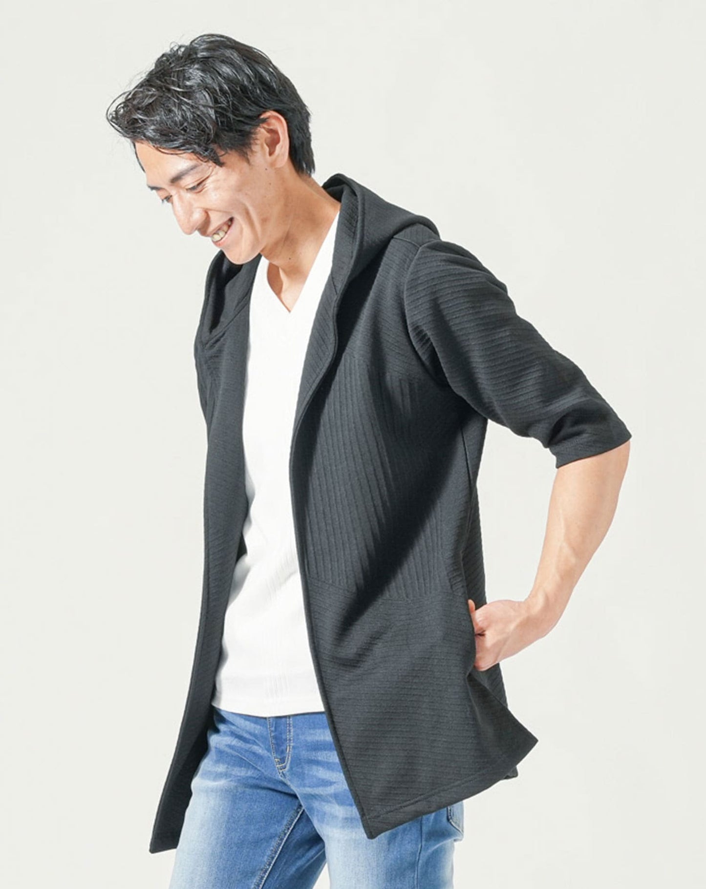 メンズ夏服トップス3点コーデセット　黒7分袖ロングパーカー×白半袖Tシャツ×杢黒半袖Tシャツ