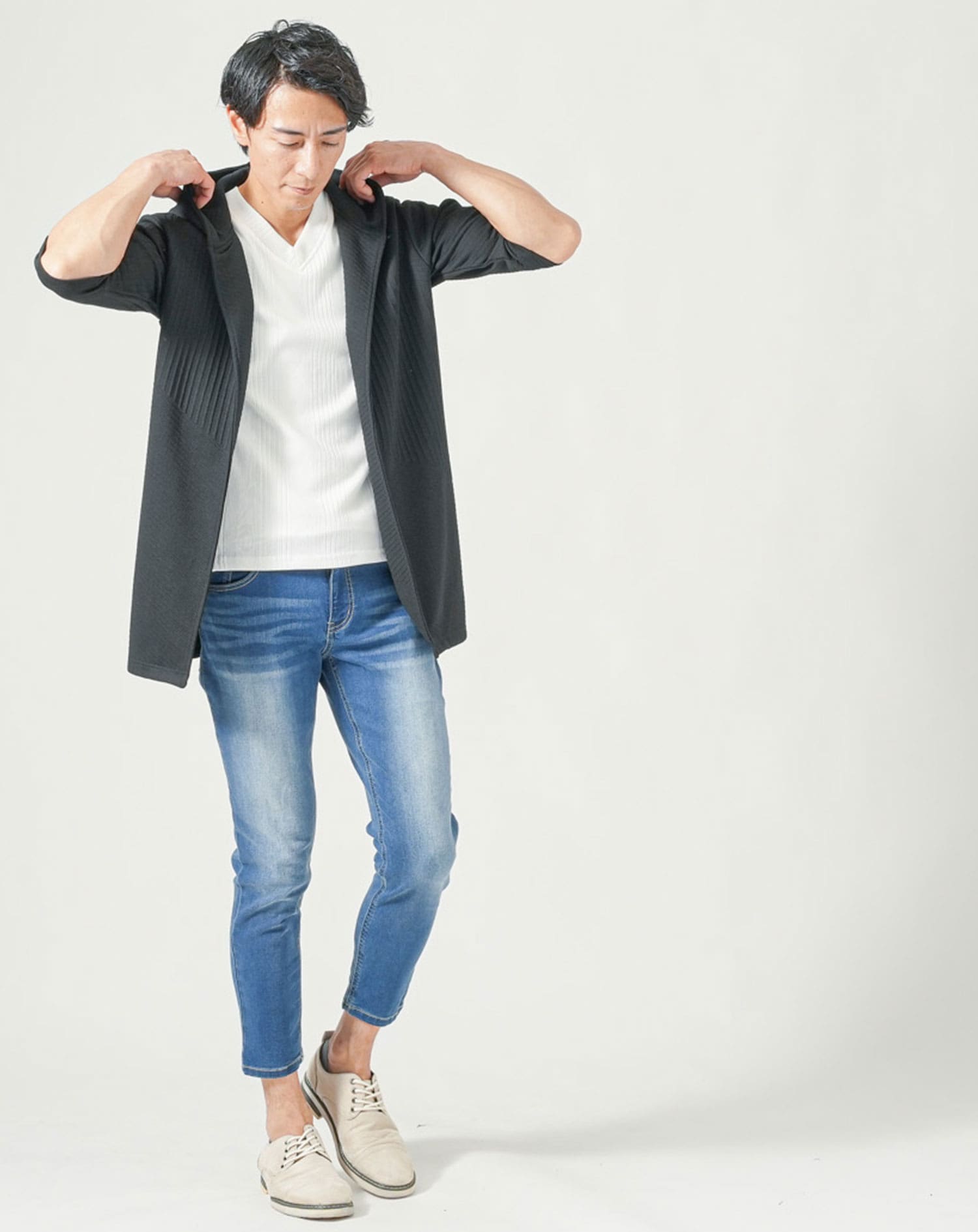 メンズ夏服トップス3点コーデセット　黒7分袖ロングパーカー×白半袖Tシャツ×杢黒半袖Tシャツ