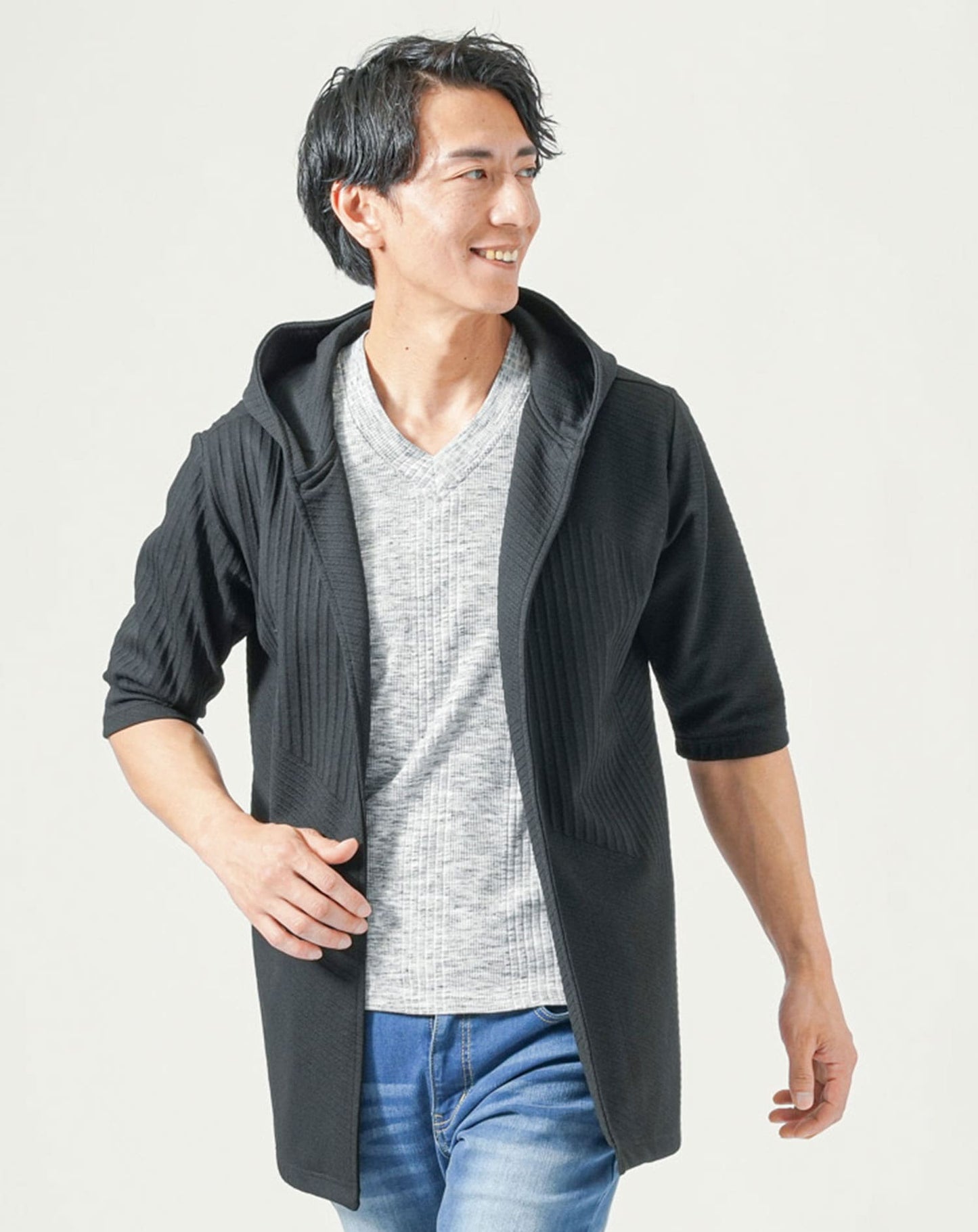 メンズ夏服トップス3点コーデセット　黒7分袖ロングパーカー×白半袖Tシャツ×杢黒半袖Tシャツ