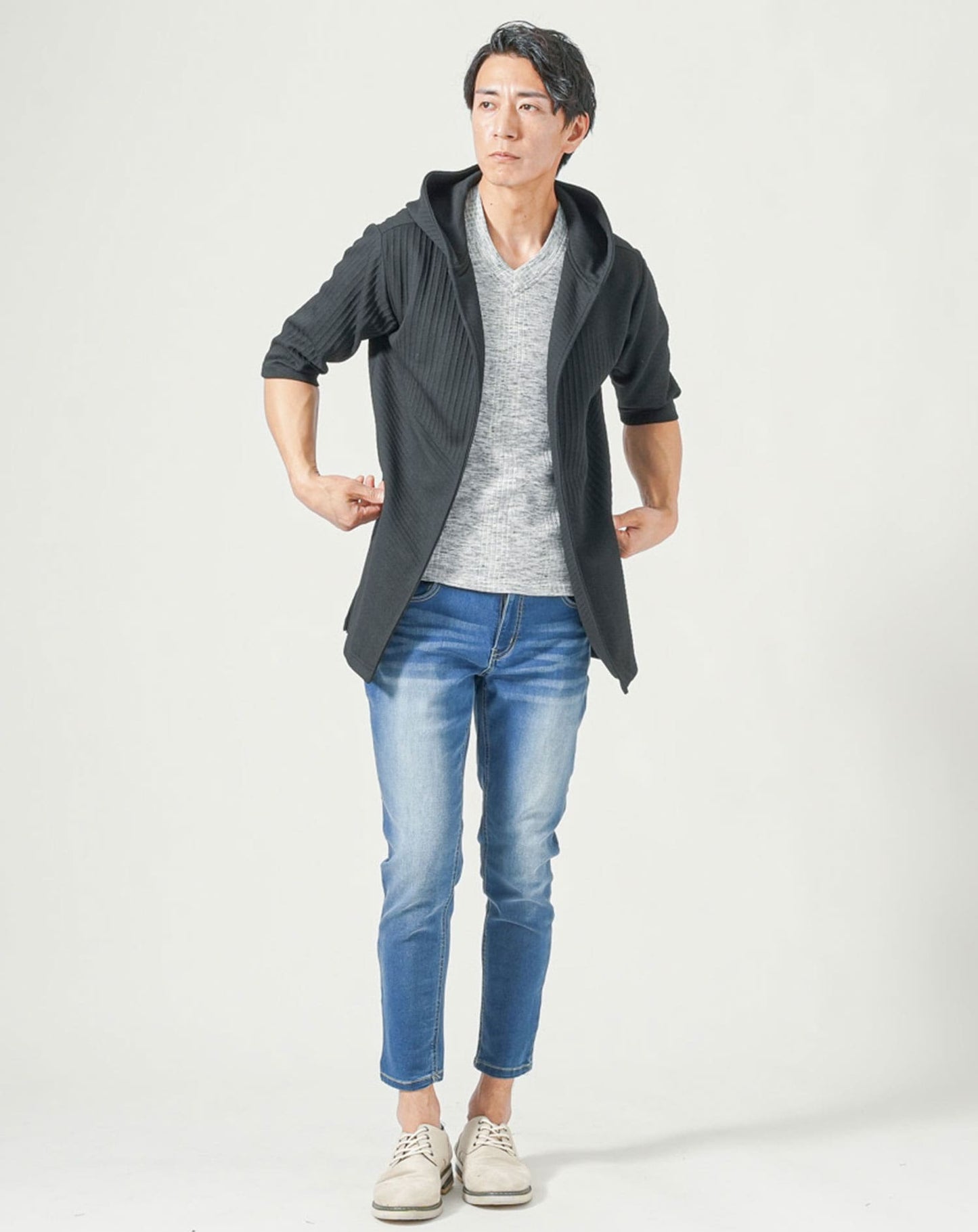 メンズ夏服トップス3点コーデセット　黒7分袖ロングパーカー×白半袖Tシャツ×杢黒半袖Tシャツ