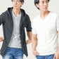 メンズ夏服トップス3点コーデセット　黒7分袖ロングパーカー×白半袖Tシャツ×杢黒半袖Tシャツ