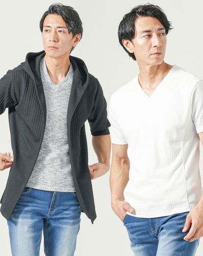 メンズ夏服トップス3点コーデセット　黒7分袖ロングパーカー×白半袖Tシャツ×杢黒半袖Tシャツ