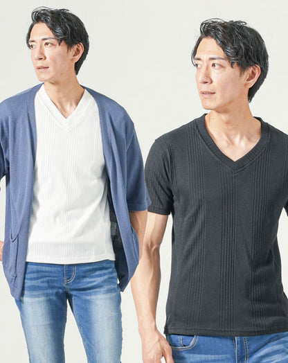 メンズ夏服トップス3点コーデセット　ダークブルー5分袖カーディガン×白半袖Tシャツ×黒半袖Tシャツ