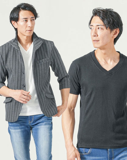 メンズ夏服トップス3点コーデセット　グレー7分袖ジャケット×白半袖Tシャツ×黒半袖Tシャツ