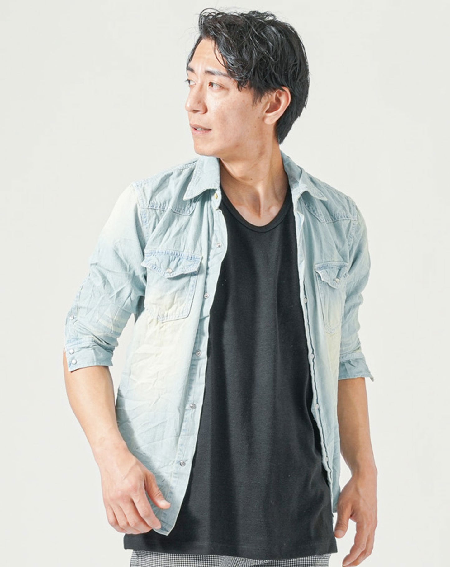 メンズ夏服トップス3点コーデセット　サックスブルー7分袖デニムシャツ×白タンクトップ×黒タンクトップ