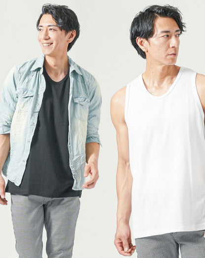 メンズ夏服トップス3点コーデセット　サックスブルー7分袖デニムシャツ×白タンクトップ×黒タンクトップ