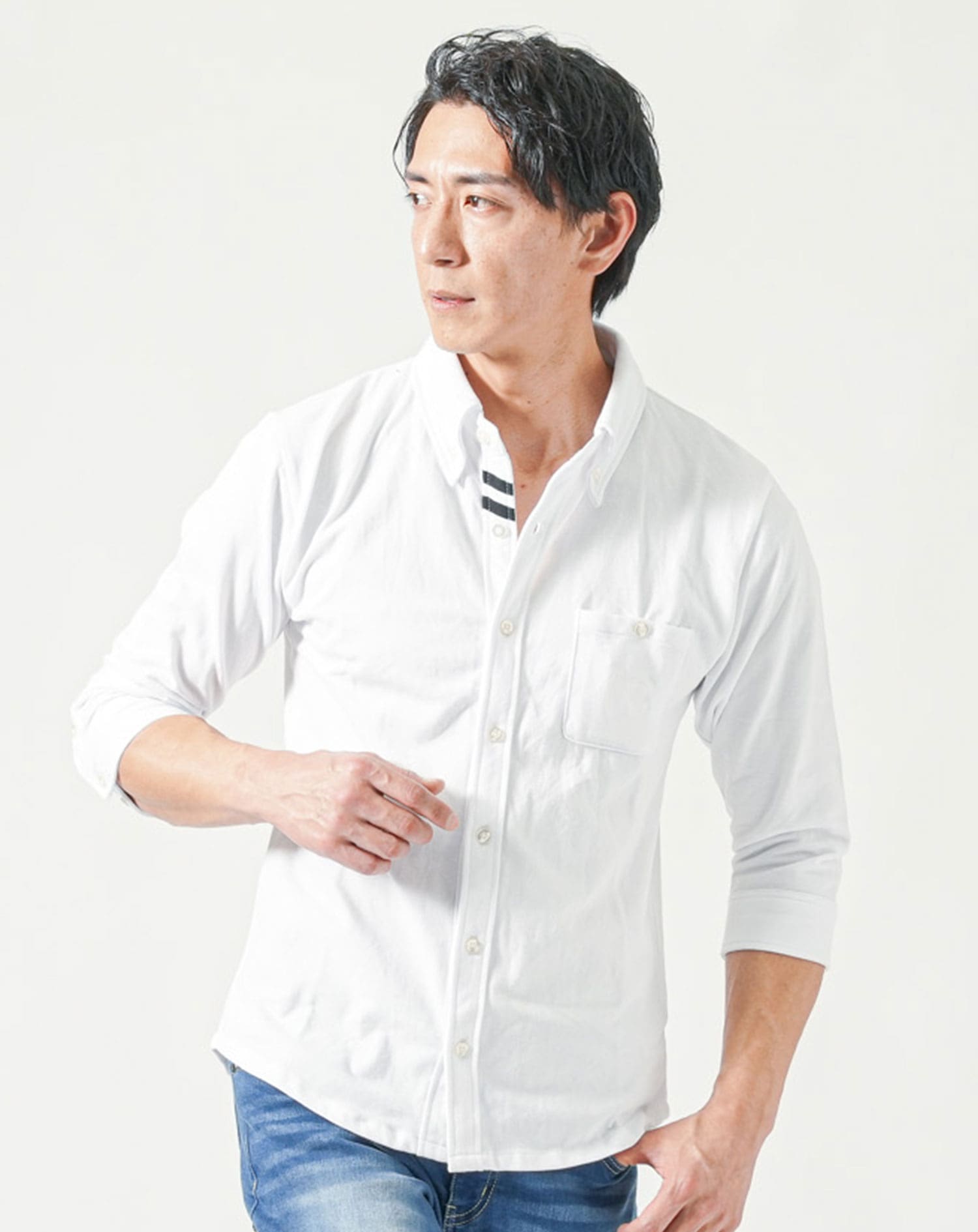 メンズ夏服トップス3点コーデセット　ネイビー7分袖テーラードジャケット×白7分袖ポロシャツ×ダークグレー半袖Tシャツ