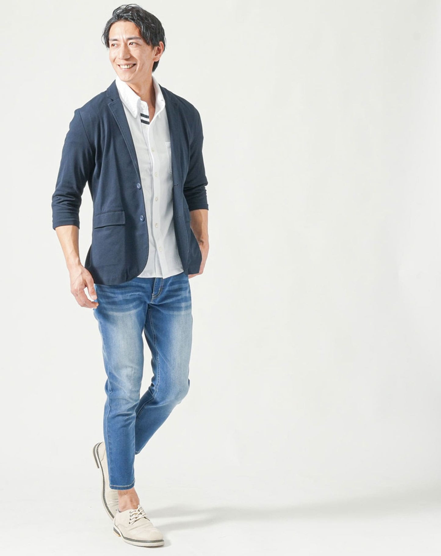 メンズ夏服トップス3点コーデセット　ネイビー7分袖テーラードジャケット×白7分袖ポロシャツ×ダークグレー半袖Tシャツ