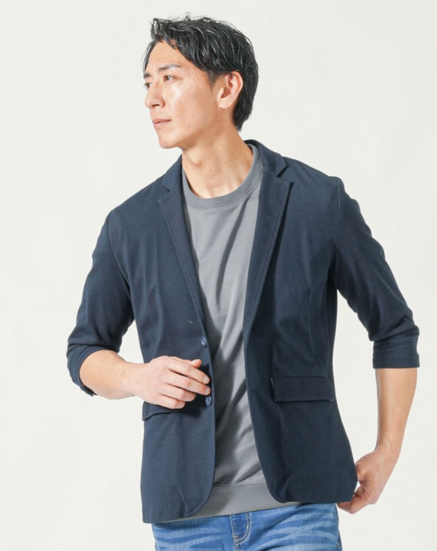 メンズ夏服トップス3点コーデセット　ネイビー7分袖テーラードジャケット×白7分袖ポロシャツ×ダークグレー半袖Tシャツ