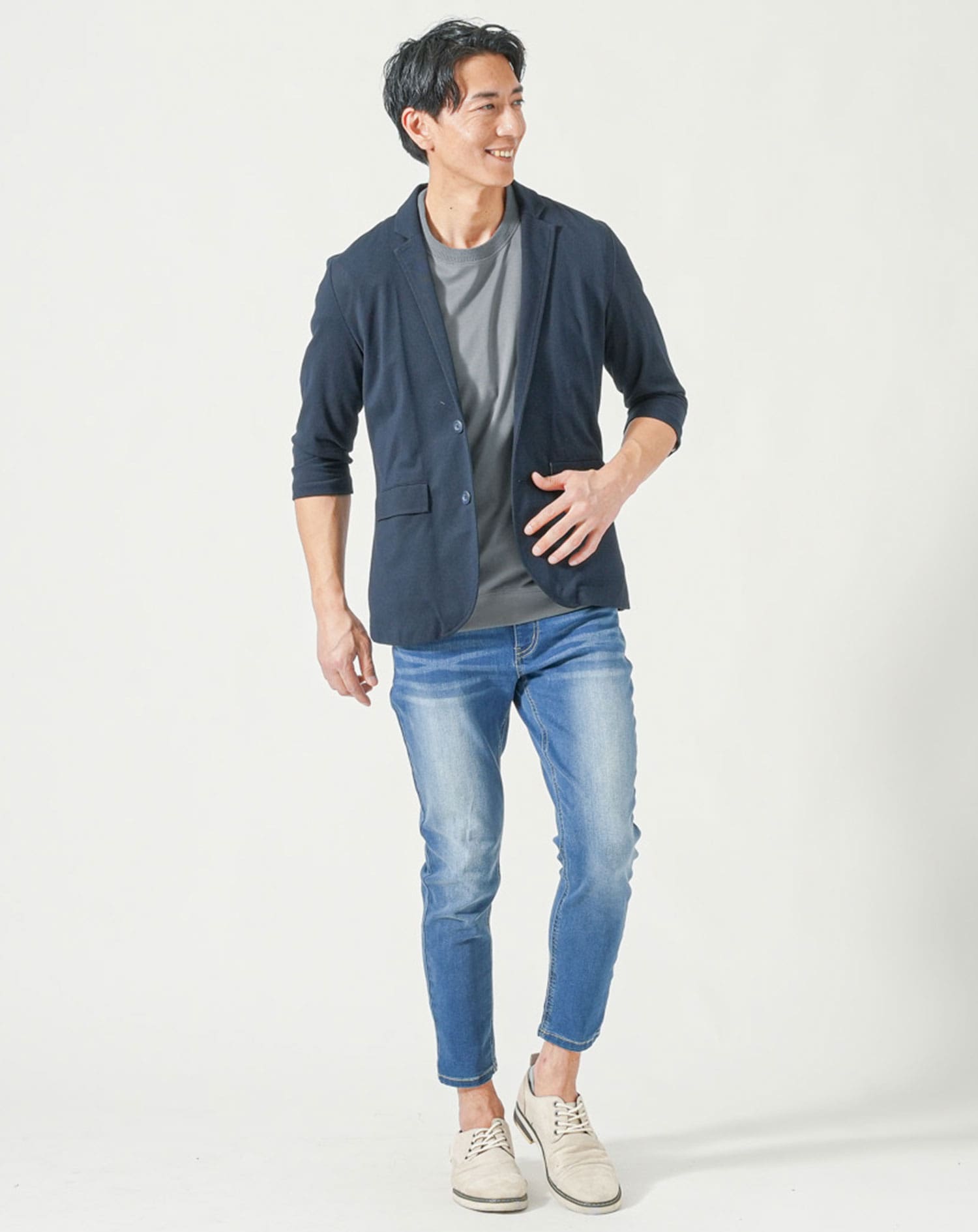 メンズ夏服トップス3点コーデセット　ネイビー7分袖テーラードジャケット×白7分袖ポロシャツ×ダークグレー半袖Tシャツ