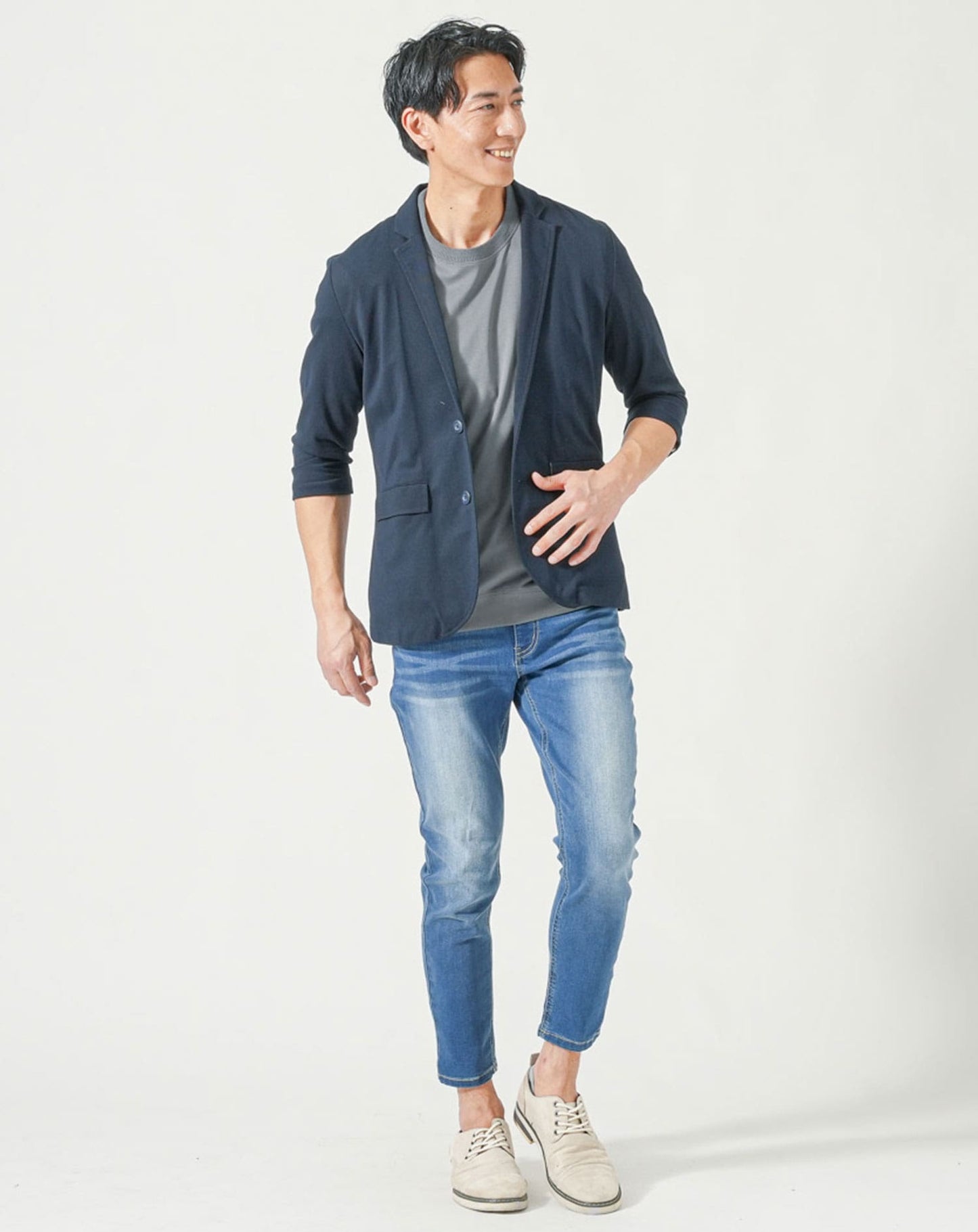 メンズ夏服トップス3点コーデセット　ネイビー7分袖テーラードジャケット×白7分袖ポロシャツ×ダークグレー半袖Tシャツ