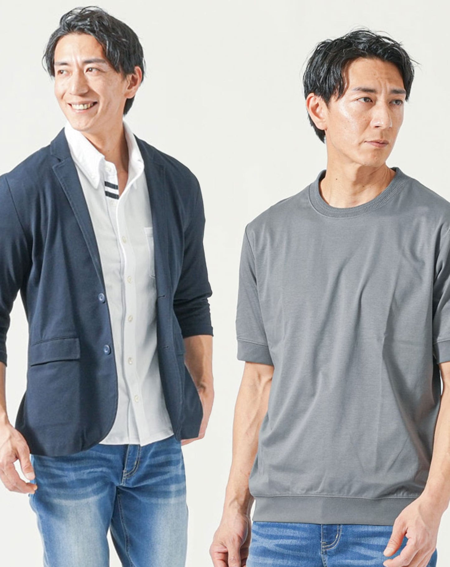 メンズ夏服トップス3点コーデセット　ネイビー7分袖テーラードジャケット×白7分袖ポロシャツ×ダークグレー半袖Tシャツ