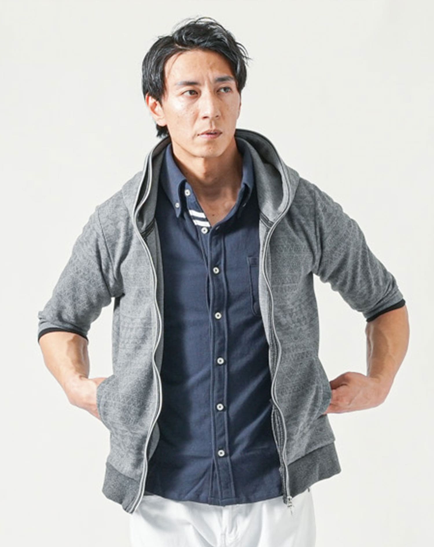 メンズ夏服トップス3点コーデセット　グレー5分袖パーカー×ネイビー7分袖ポロシャツ×ネイビー半袖Tシャツ