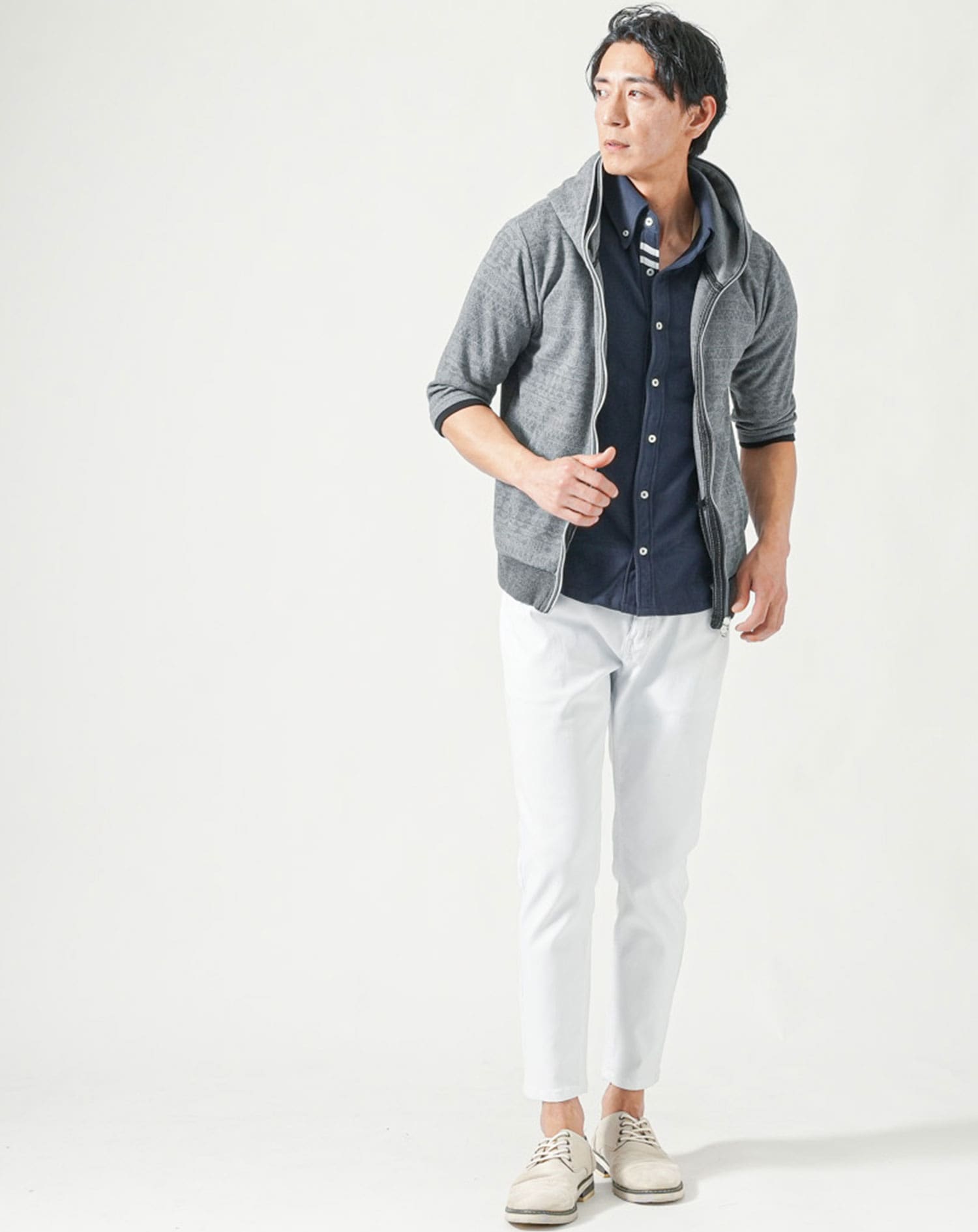 メンズ夏服トップス3点コーデセット　グレー5分袖パーカー×ネイビー7分袖ポロシャツ×ネイビー半袖Tシャツ