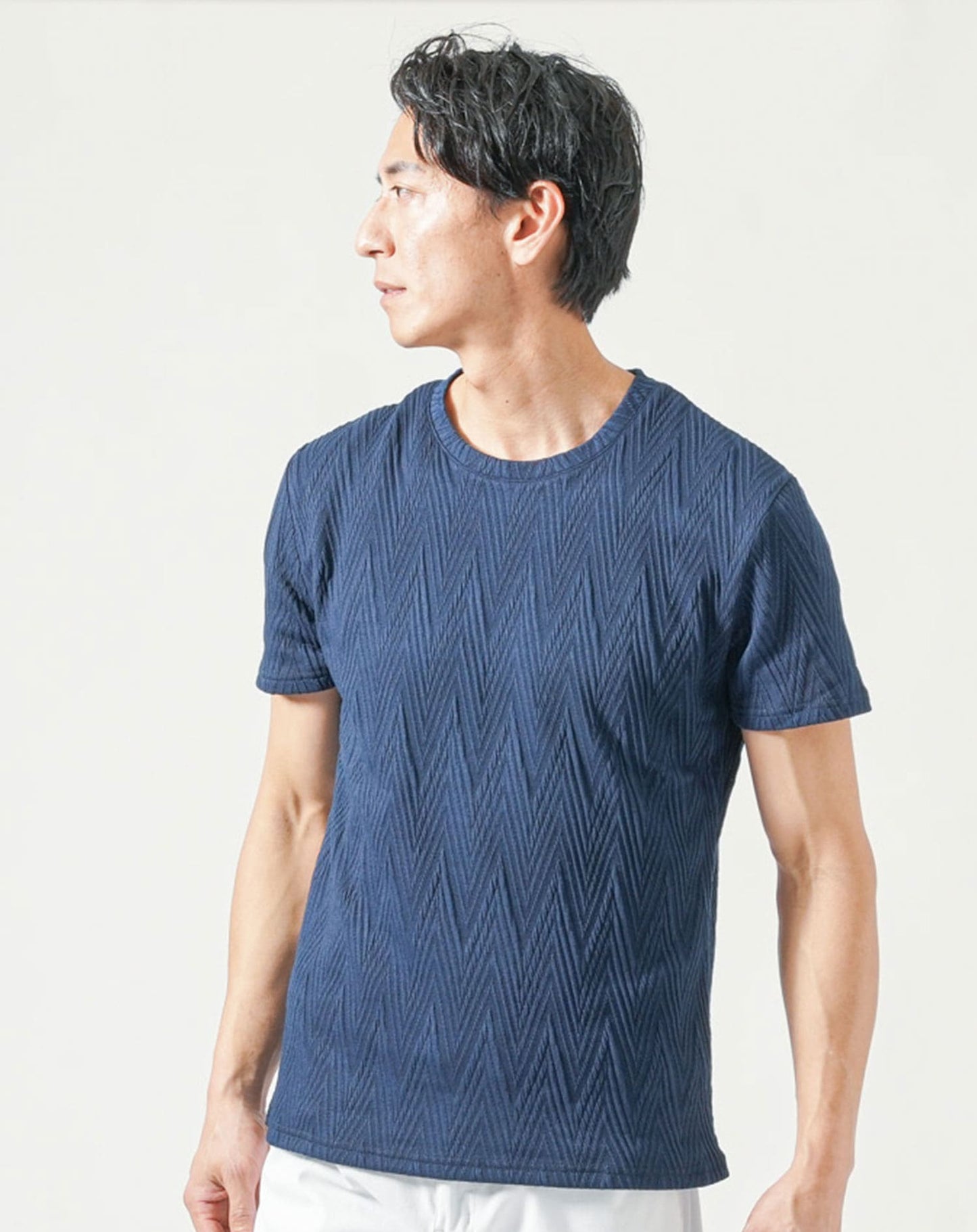 メンズ夏服トップス3点コーデセット　グレー5分袖パーカー×ネイビー7分袖ポロシャツ×ネイビー半袖Tシャツ