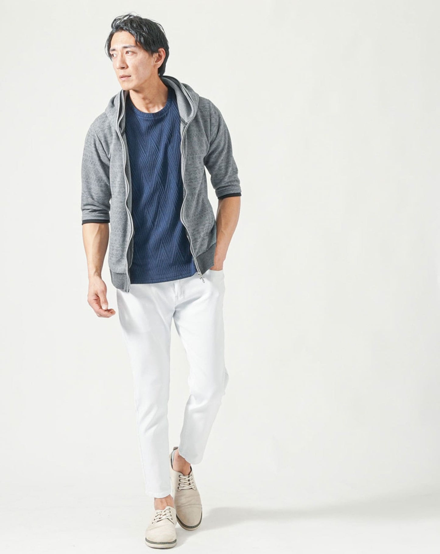 メンズ夏服トップス3点コーデセット　グレー5分袖パーカー×ネイビー7分袖ポロシャツ×ネイビー半袖Tシャツ