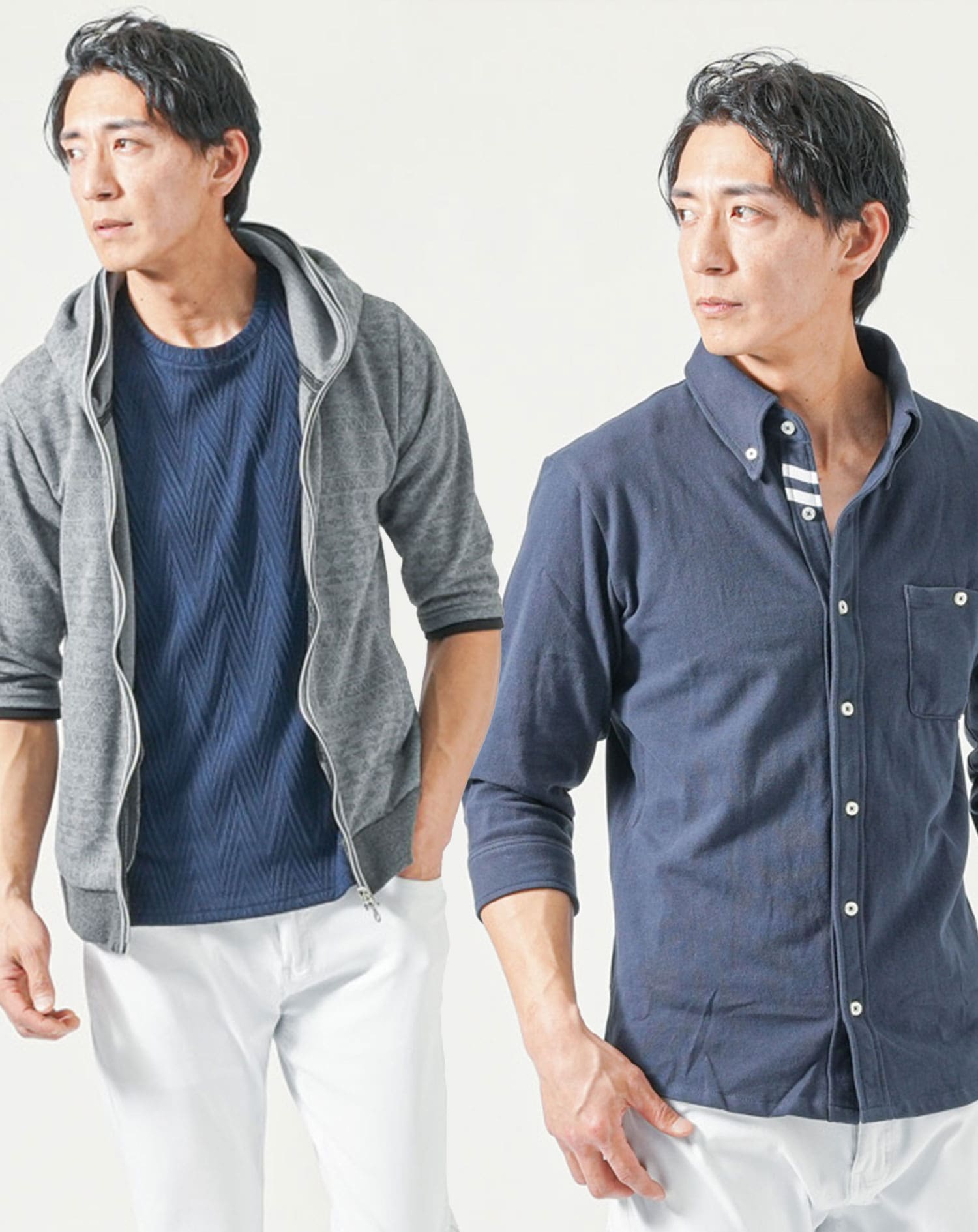 メンズ夏服トップス3点コーデセット　グレー5分袖パーカー×ネイビー7分袖ポロシャツ×ネイビー半袖Tシャツ