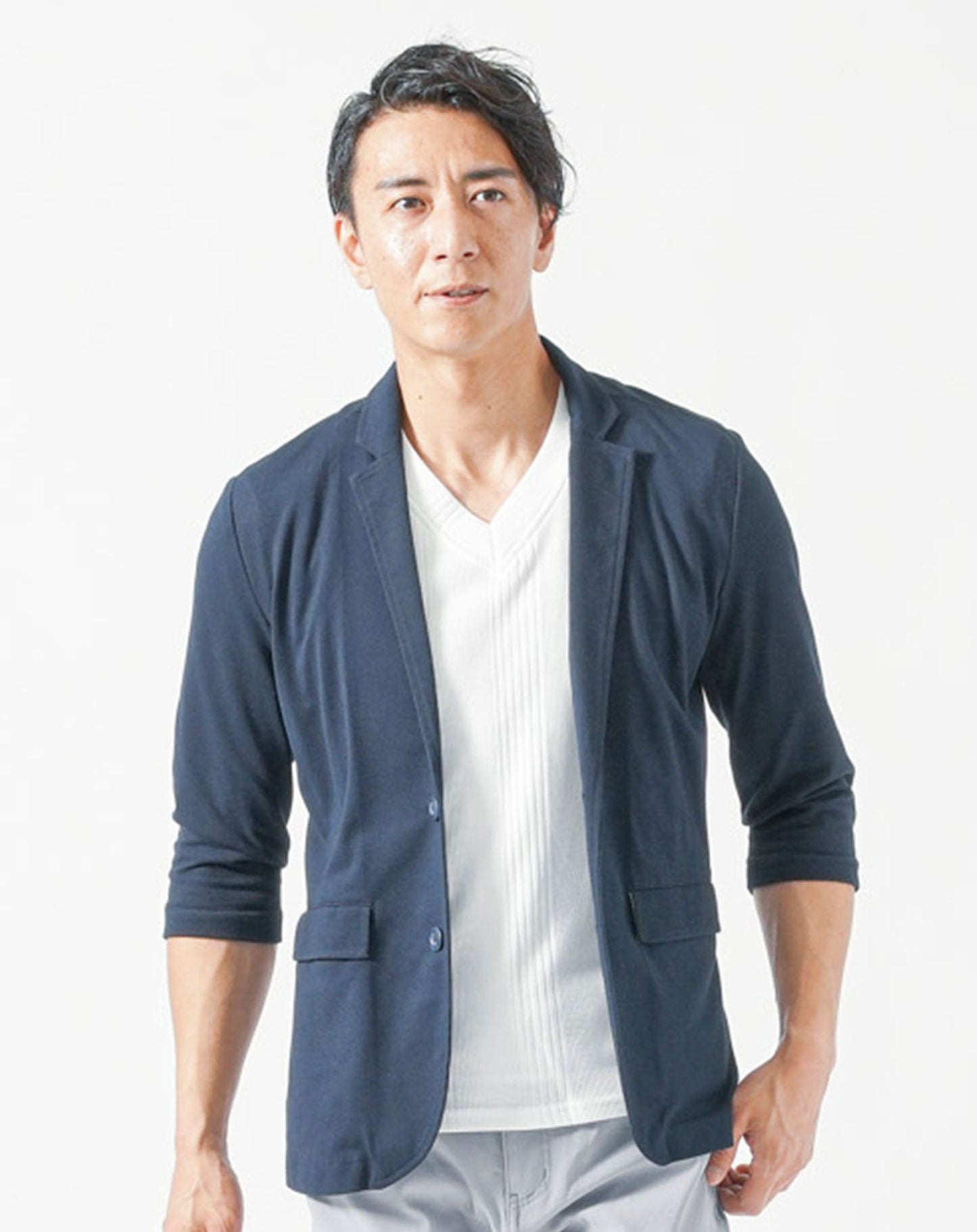 メンズ夏服トップス3点コーデセット　ネイビー7分袖テーラードジャケット×白半袖Tシャツ×白半袖ジャガードTシャツ