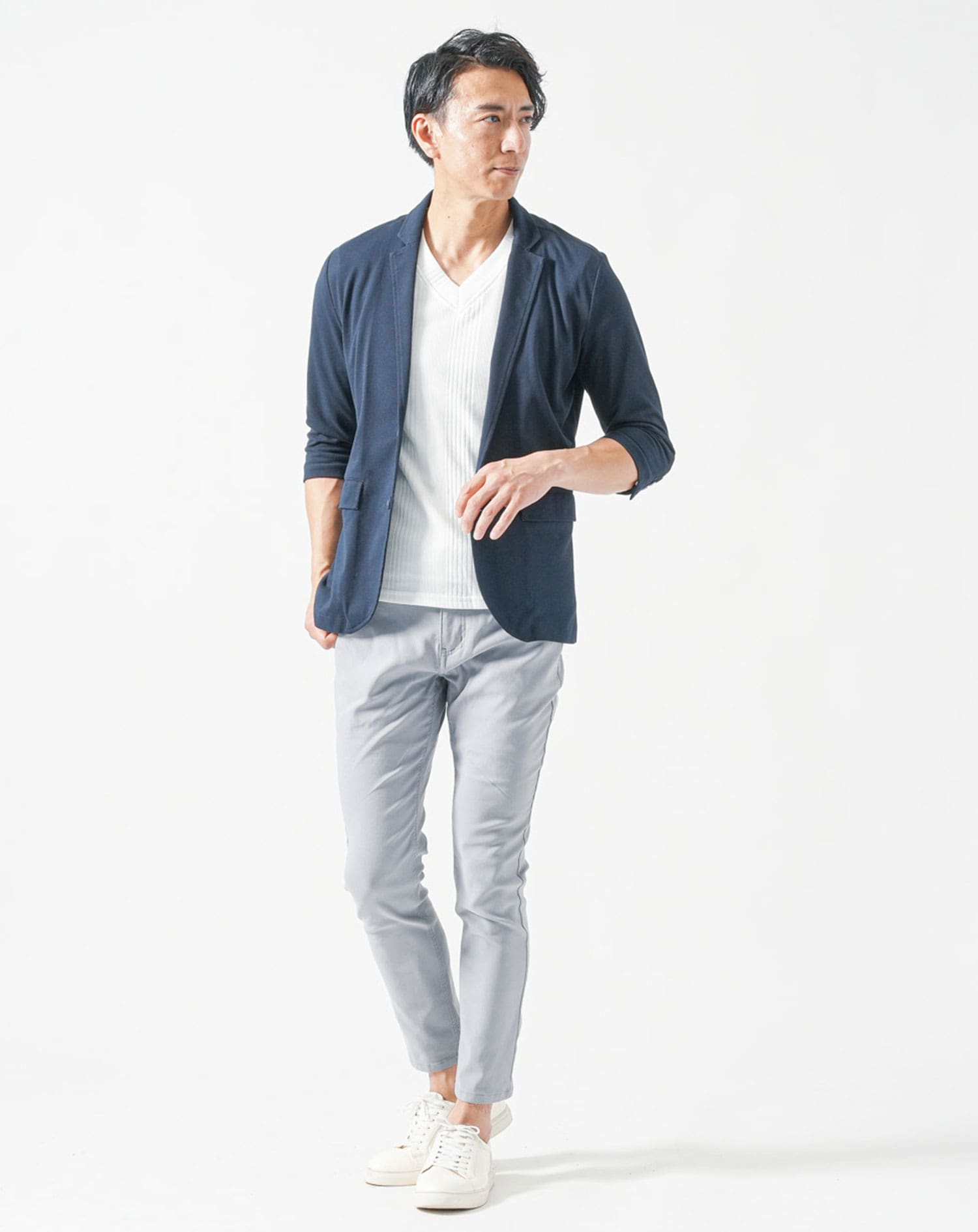 メンズ夏服トップス3点コーデセット　ネイビー7分袖テーラードジャケット×白半袖Tシャツ×白半袖ジャガードTシャツ