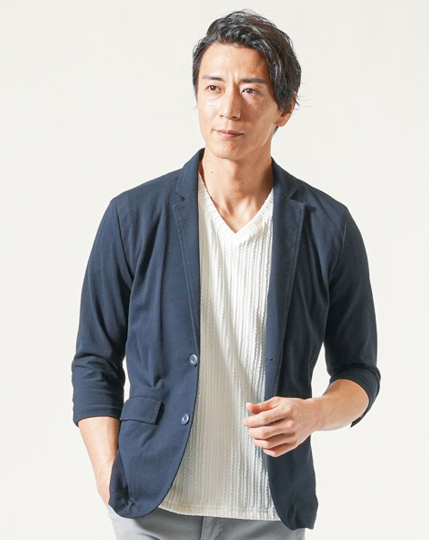 メンズ夏服トップス3点コーデセット　ネイビー7分袖テーラードジャケット×白半袖Tシャツ×白半袖ジャガードTシャツ