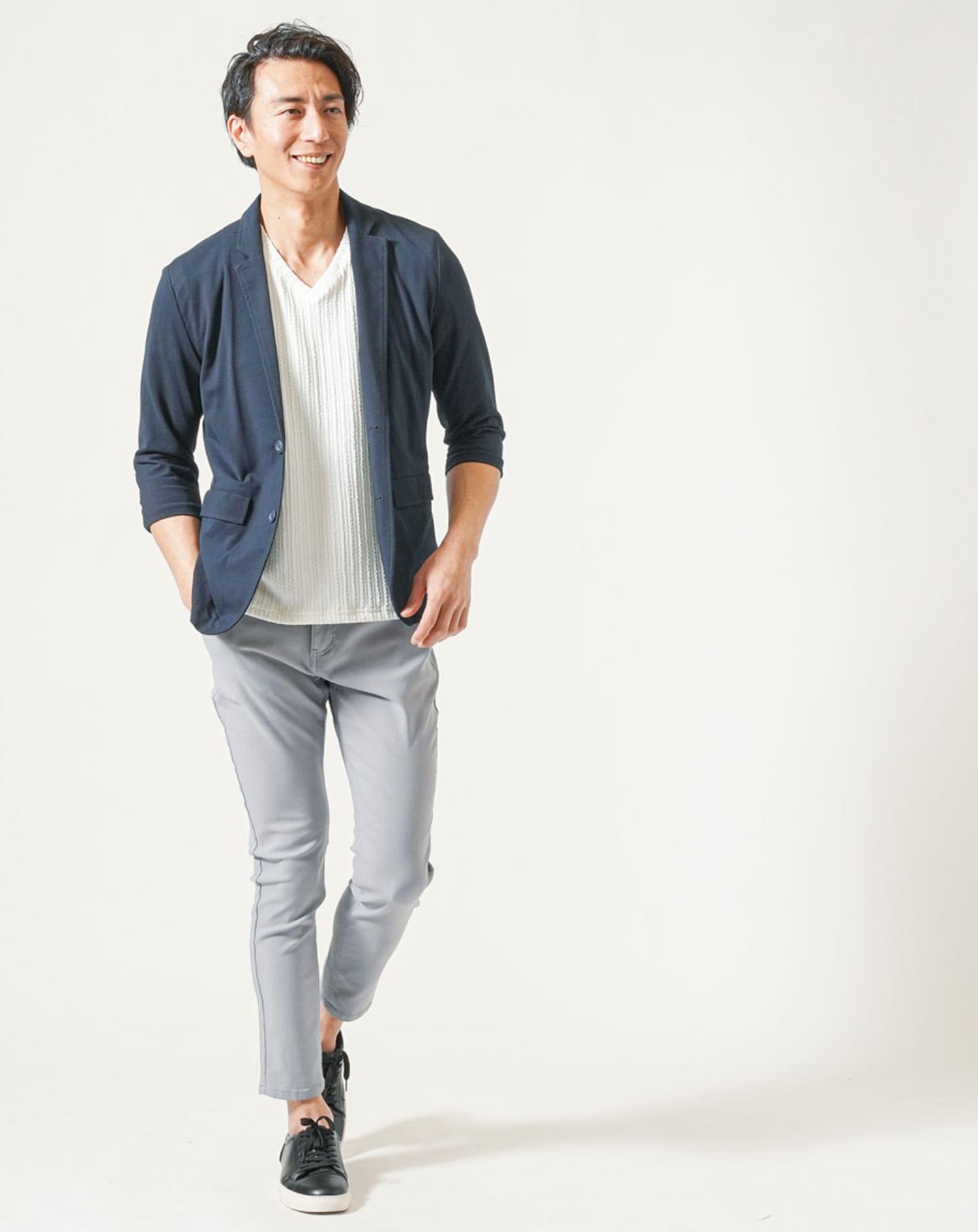 メンズ夏服トップス3点コーデセット　ネイビー7分袖テーラードジャケット×白半袖Tシャツ×白半袖ジャガードTシャツ