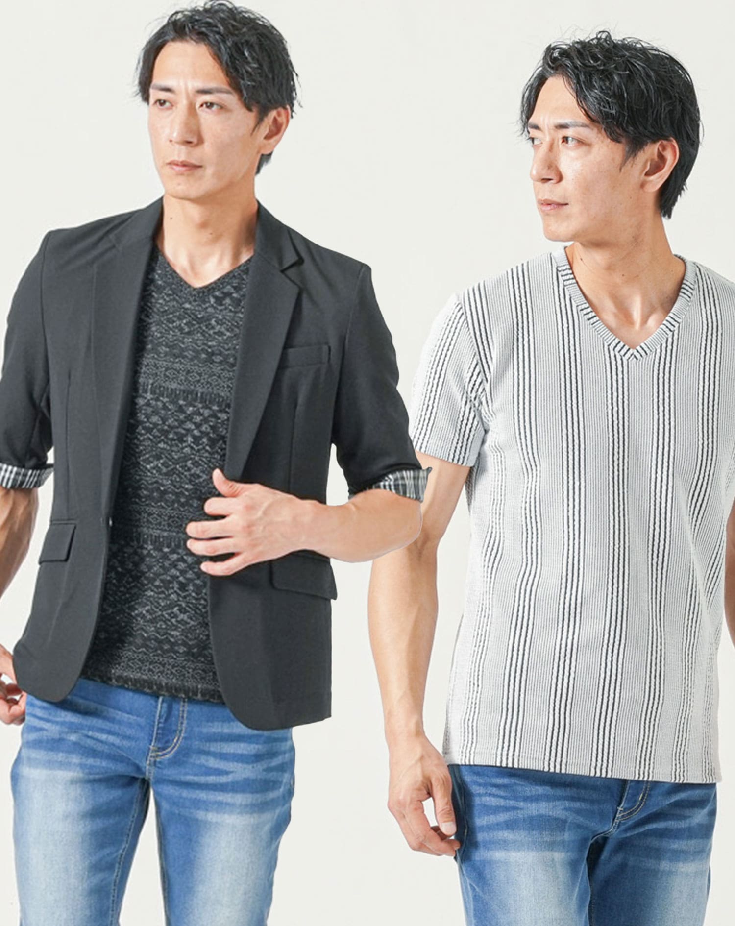 メンズ夏服トップス3点コーデセット 黒5分袖テーラードジャケット×黒