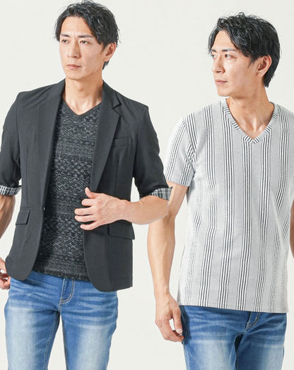 メンズ夏服トップス3点コーデセット　黒5分袖テーラードジャケット×黒半袖Tシャツ×白半袖Tシャツ