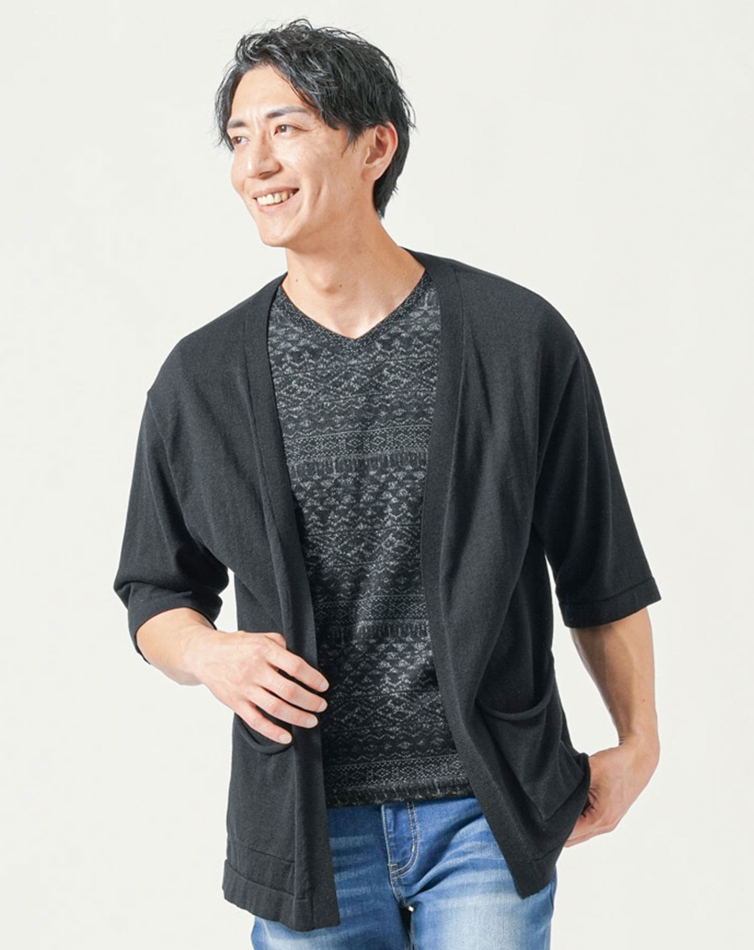 メンズ夏服トップス3点コーデセット　黒5分袖カーディガン×黒半袖Tシャツ×白半袖Tシャツ