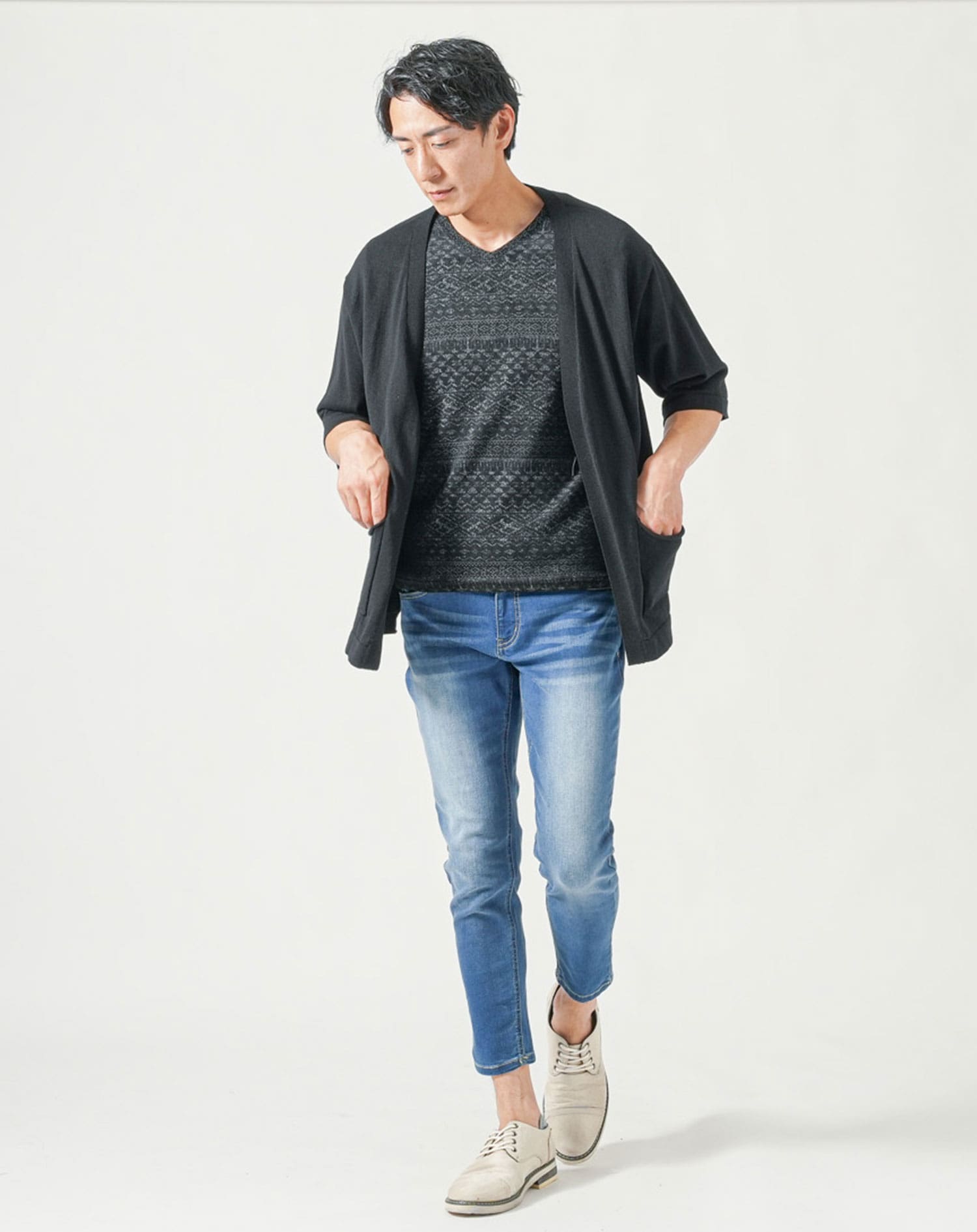 メンズ夏服トップス3点コーデセット　黒5分袖カーディガン×黒半袖Tシャツ×白半袖Tシャツ