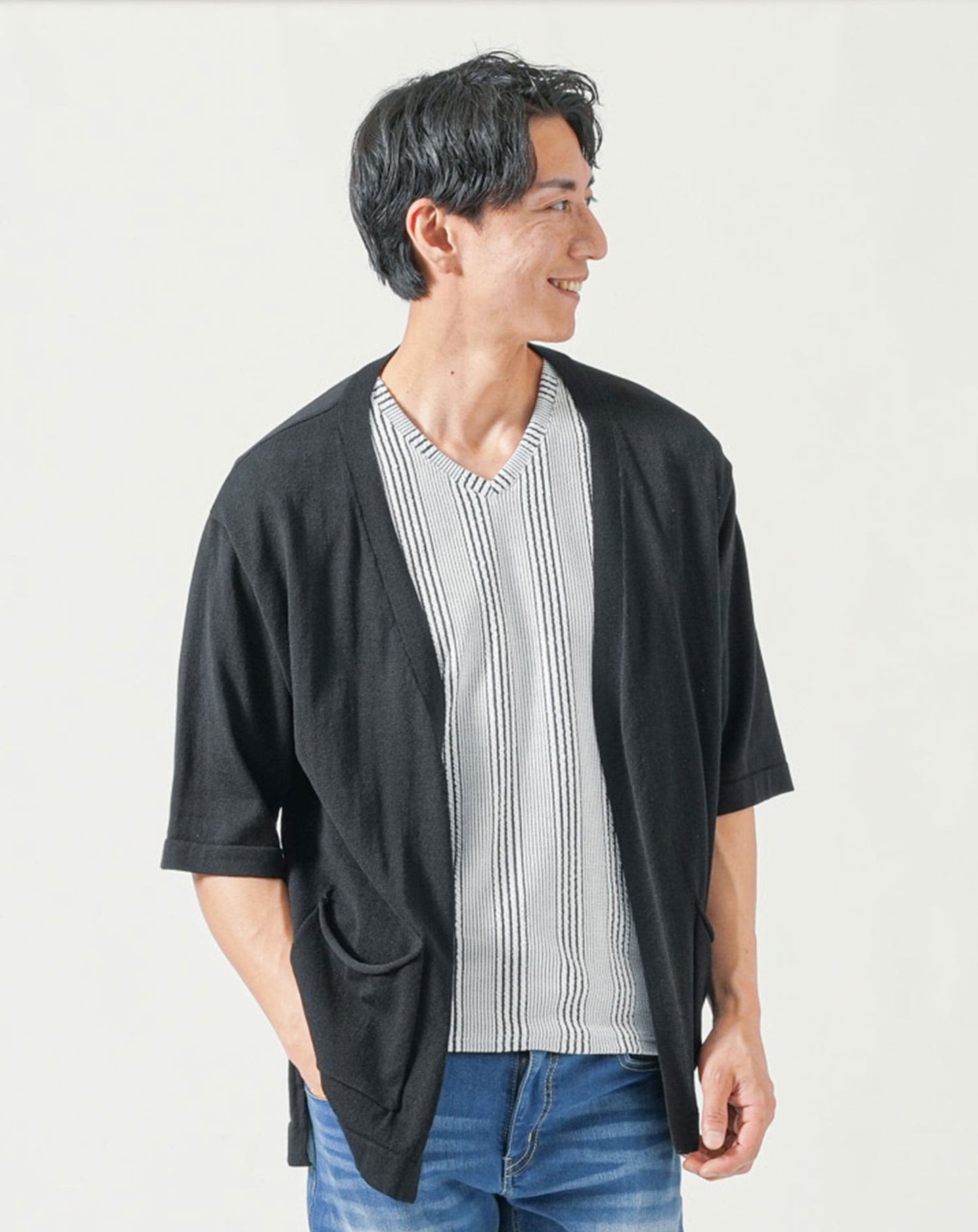 メンズ夏服トップス3点コーデセット　黒5分袖カーディガン×黒半袖Tシャツ×白半袖Tシャツ