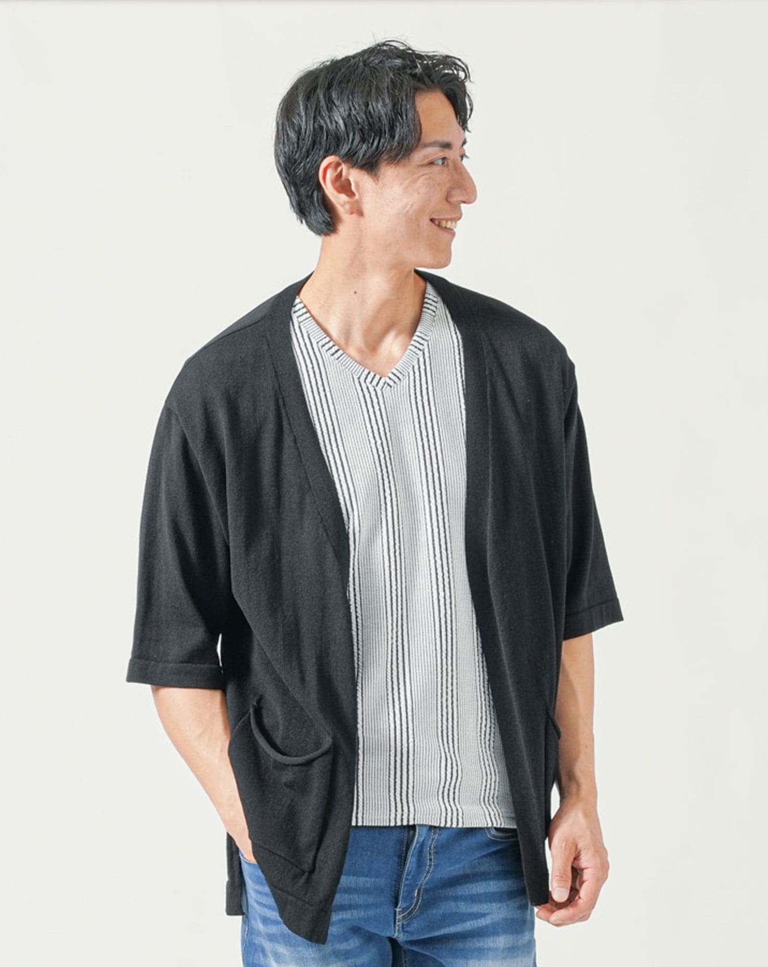 メンズ夏服トップス3点コーデセット　黒5分袖カーディガン×黒半袖Tシャツ×白半袖Tシャツ