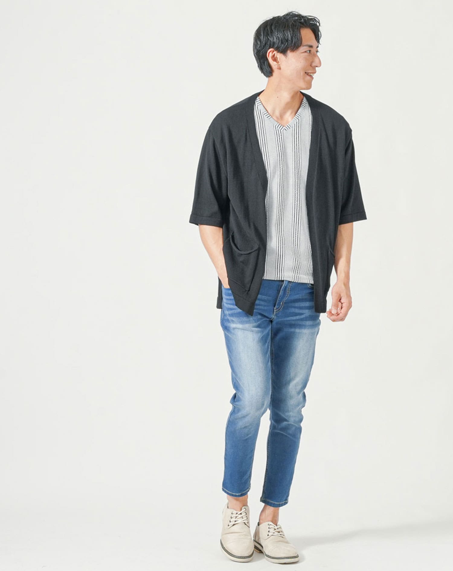 メンズ夏服トップス3点コーデセット　黒5分袖カーディガン×黒半袖Tシャツ×白半袖Tシャツ