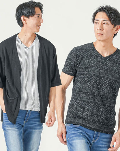 メンズ夏服トップス3点コーデセット　黒5分袖カーディガン×黒半袖Tシャツ×白半袖Tシャツ