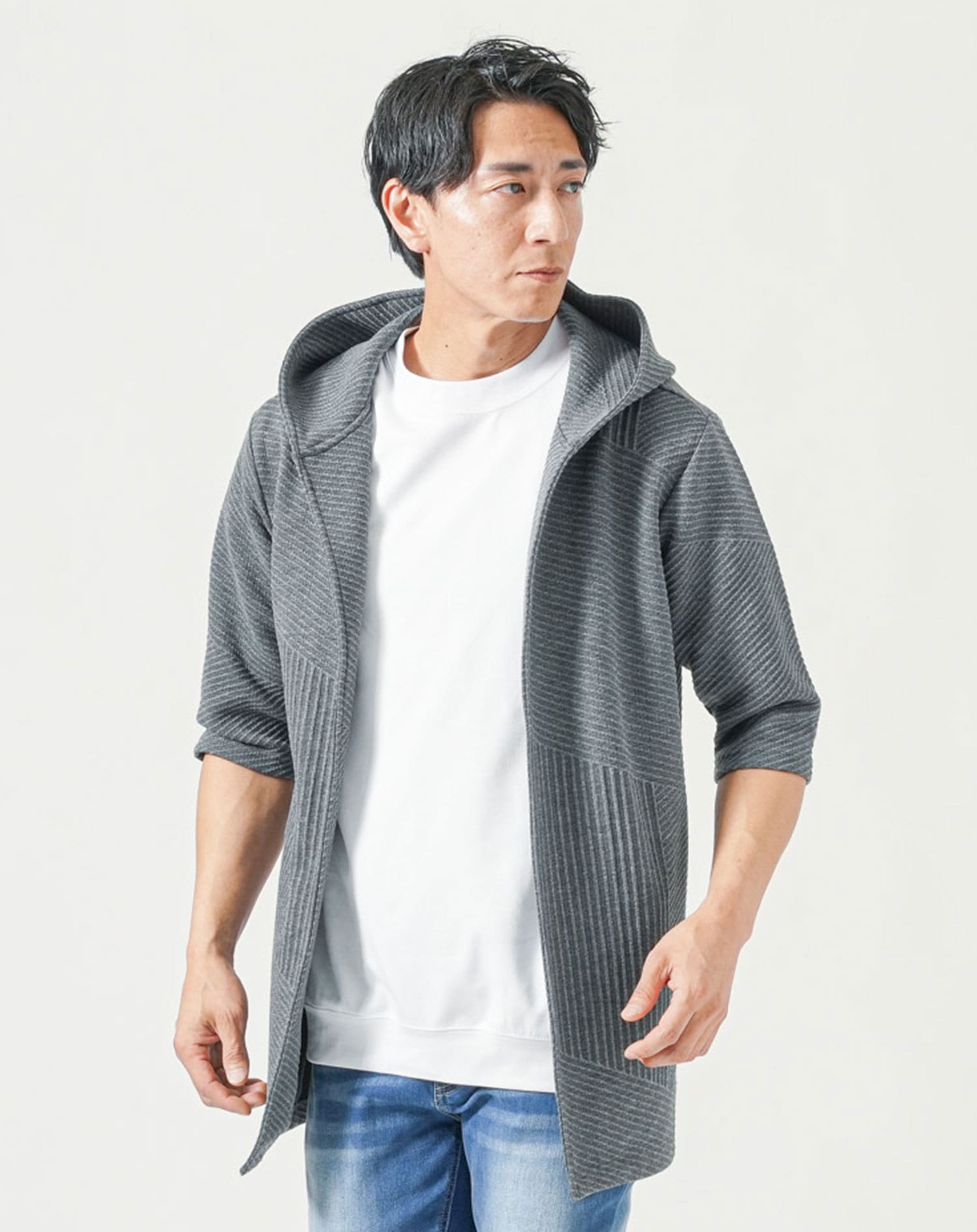 メンズ夏服トップス3点コーデセット　チャコールグレー7分袖ロングパーカー×白半袖Tシャツ×杢黒半袖Tシャツ