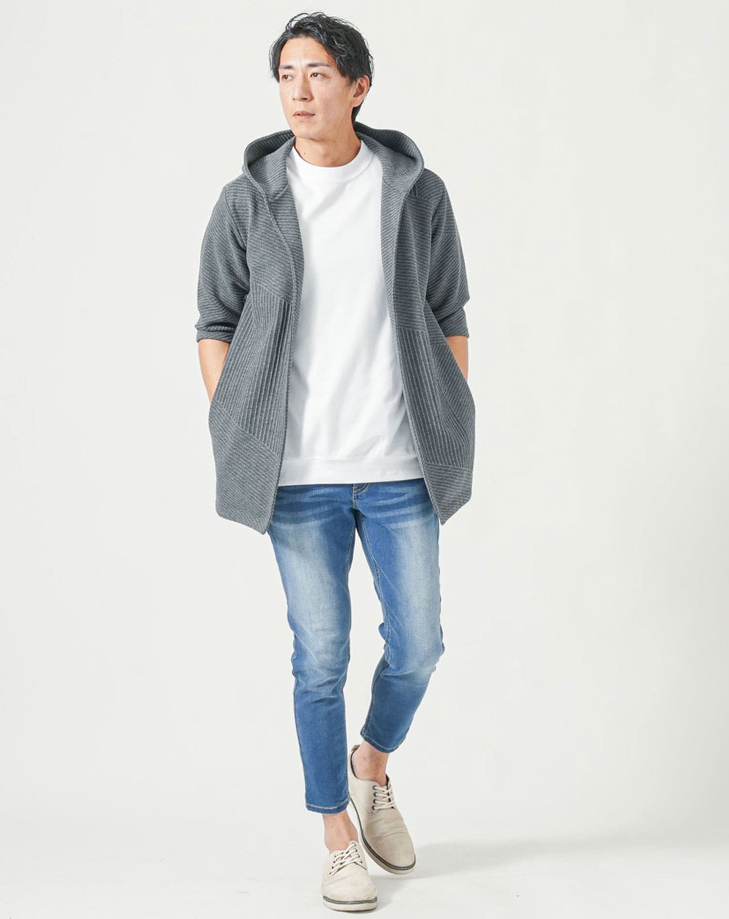 メンズ夏服トップス3点コーデセット　チャコールグレー7分袖ロングパーカー×白半袖Tシャツ×杢黒半袖Tシャツ