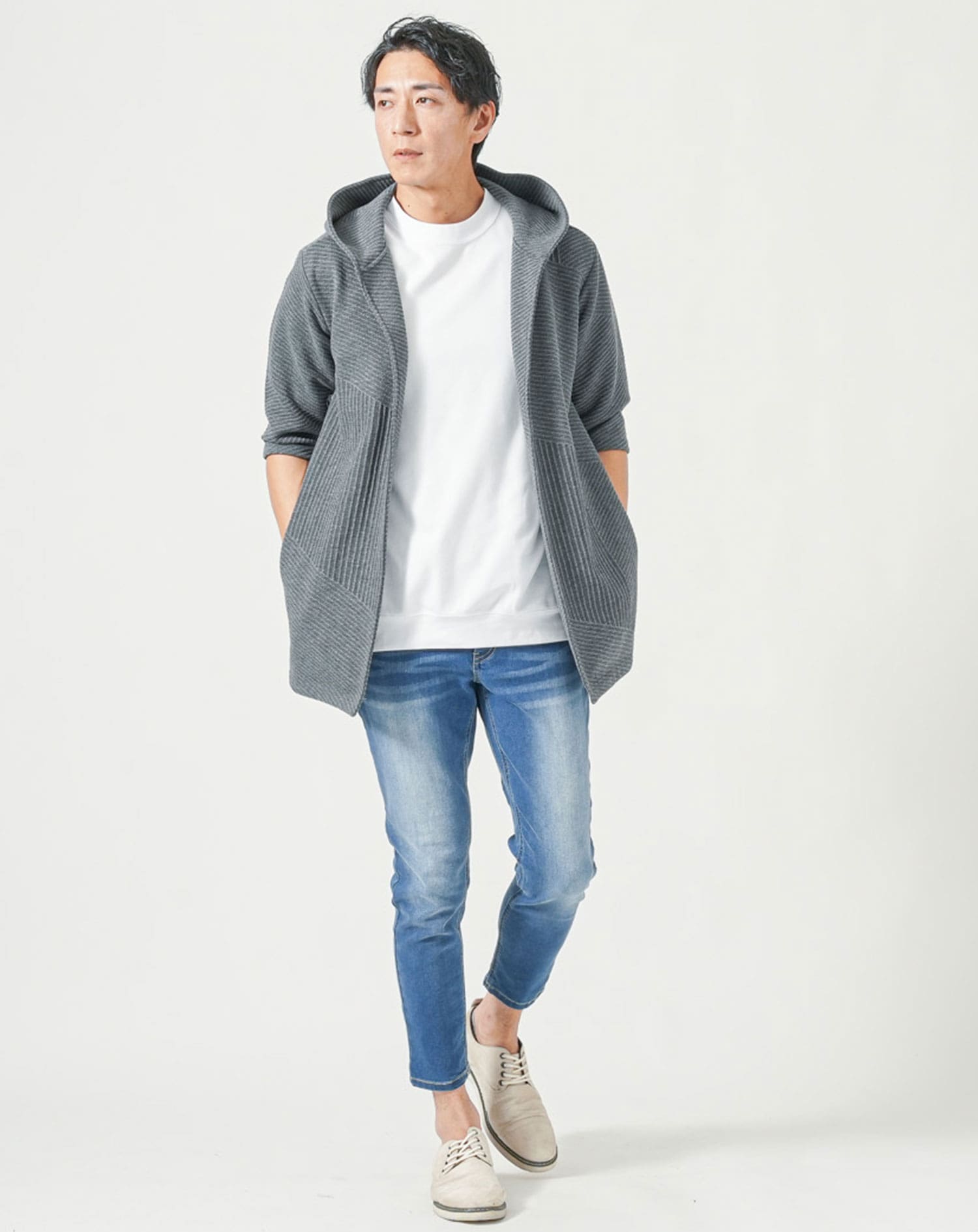 メンズ夏服トップス3点コーデセット　チャコールグレー7分袖ロングパーカー×白半袖Tシャツ×杢黒半袖Tシャツ