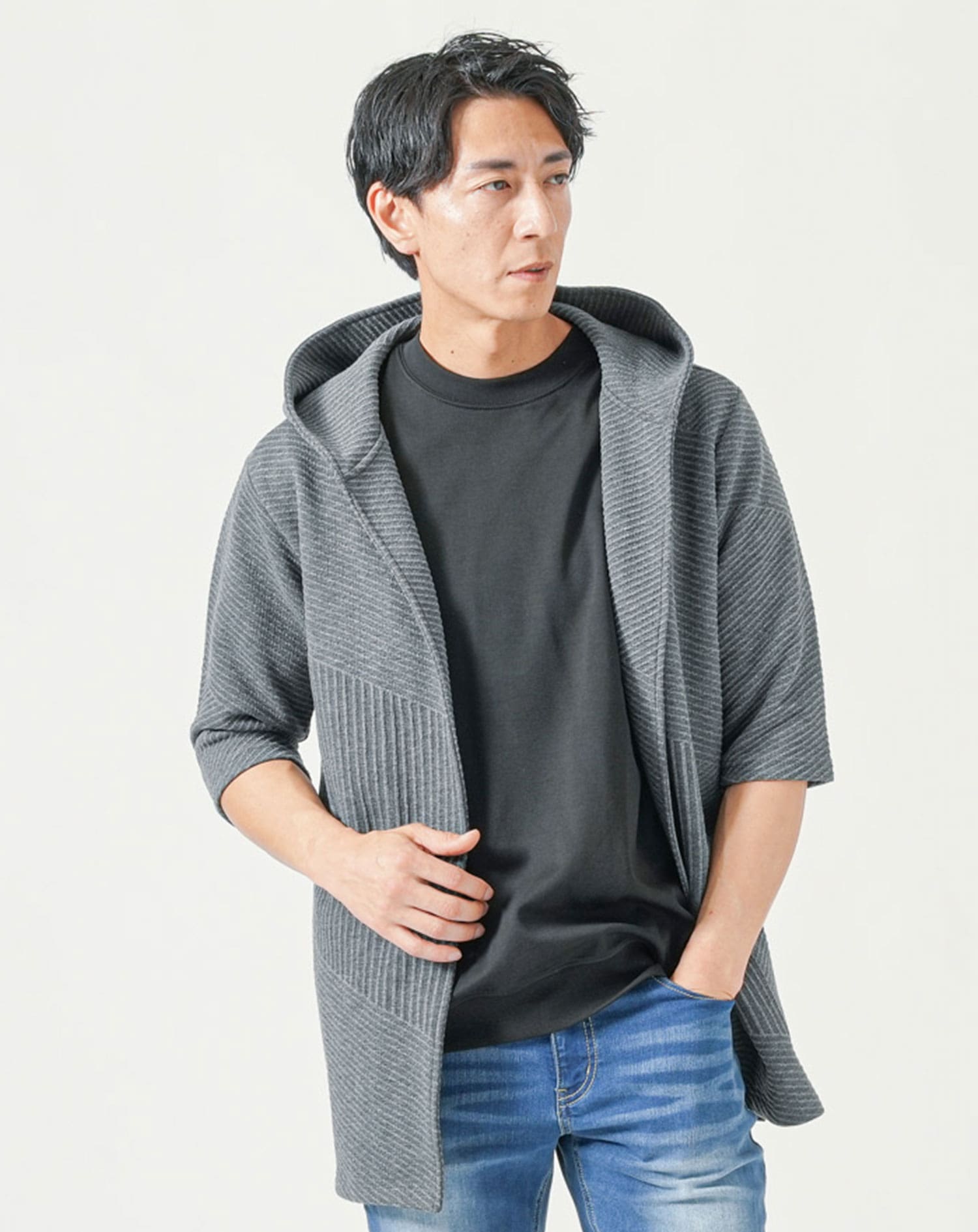 メンズ夏服トップス3点コーデセット　チャコールグレー7分袖ロングパーカー×白半袖Tシャツ×杢黒半袖Tシャツ