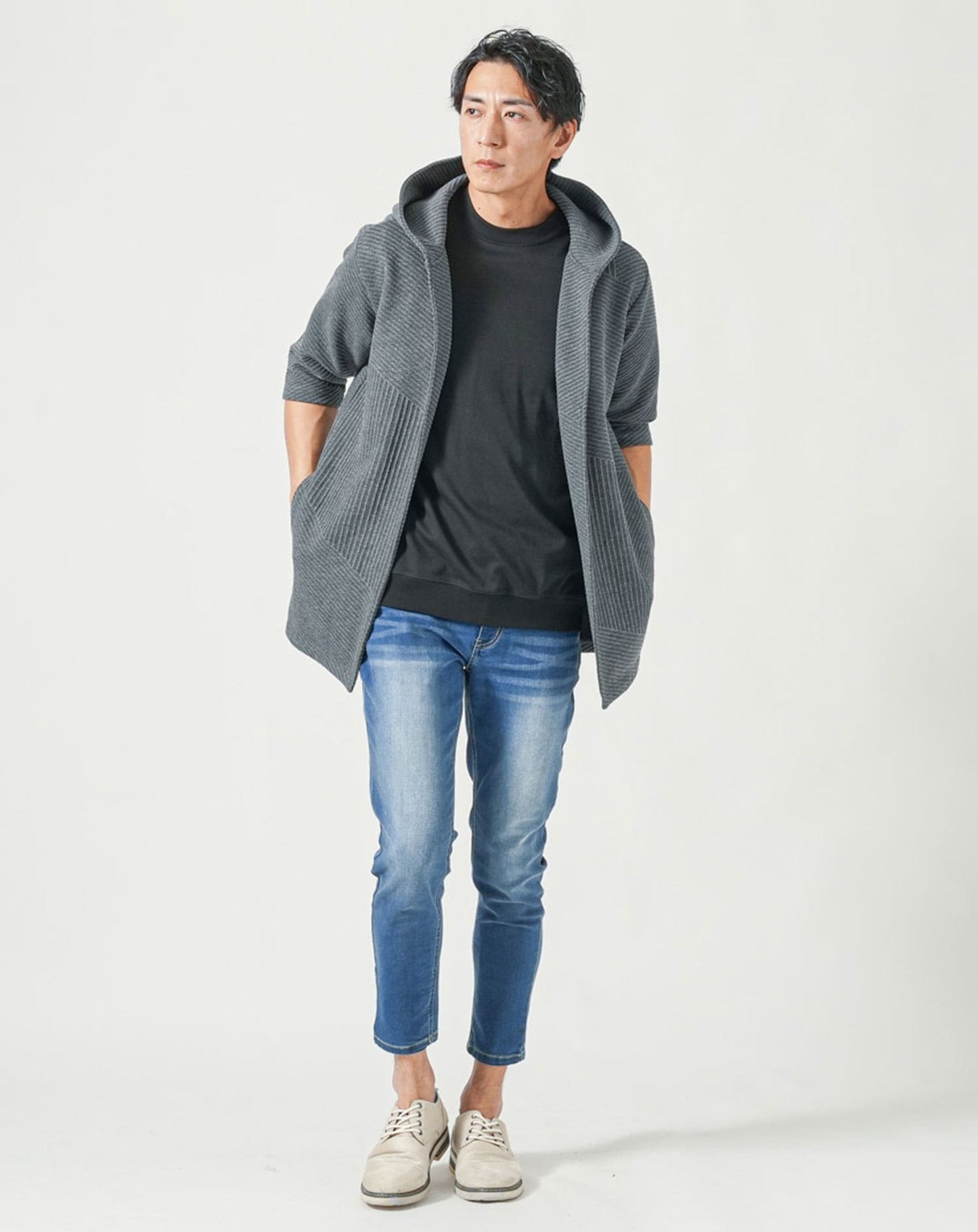 メンズ夏服トップス3点コーデセット　チャコールグレー7分袖ロングパーカー×白半袖Tシャツ×杢黒半袖Tシャツ