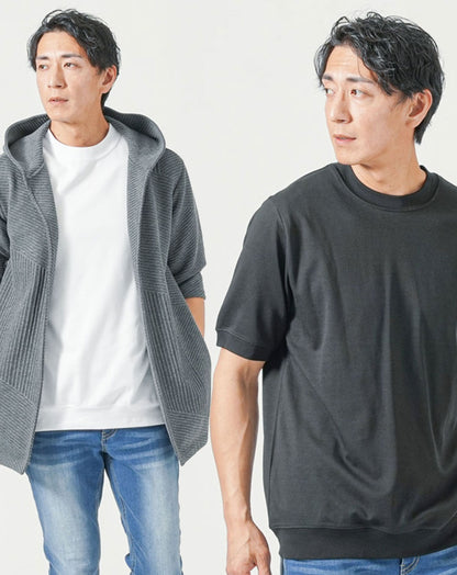 メンズ夏服トップス3点コーデセット　チャコールグレー7分袖ロングパーカー×白半袖Tシャツ×杢黒半袖Tシャツ