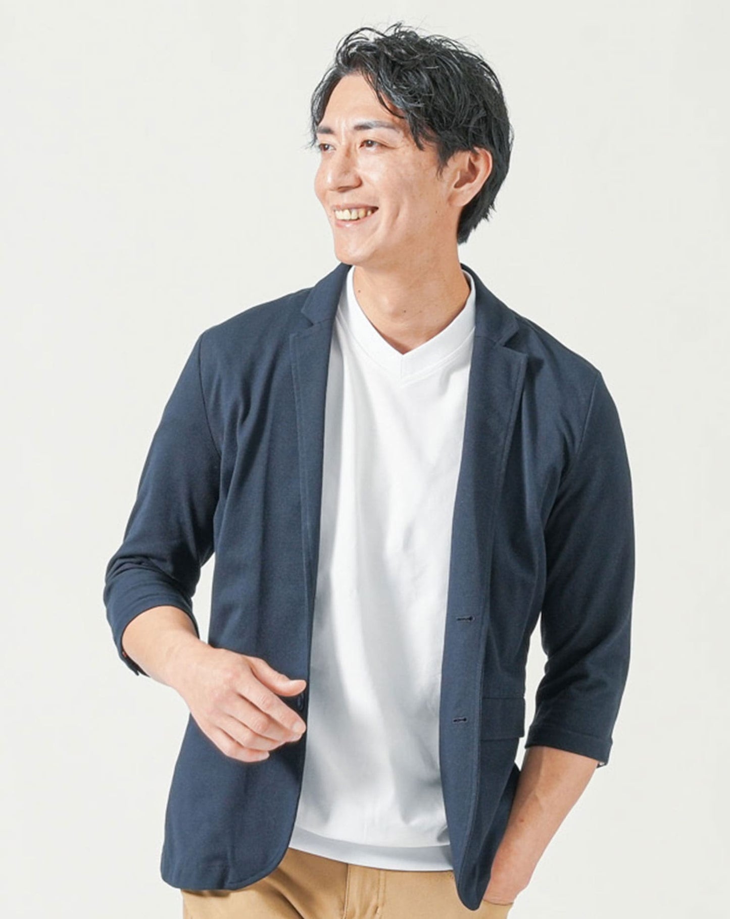 メンズ夏服トップス3点コーデセット　ネイビー7分袖テーラードジャケット×白半袖Tシャツ×チャコールグレー半袖Tシャツ