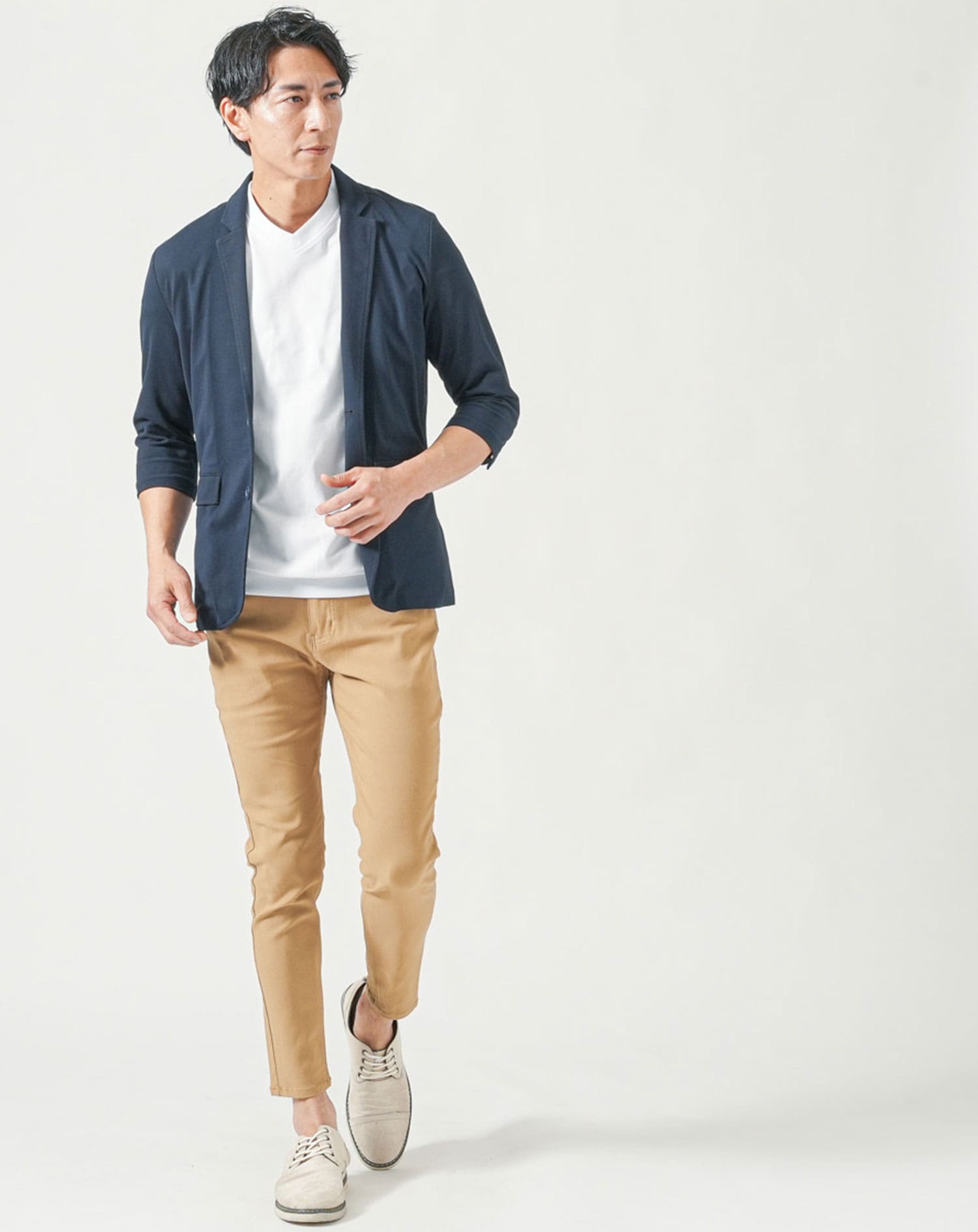 メンズ夏服トップス3点コーデセット　ネイビー7分袖テーラードジャケット×白半袖Tシャツ×チャコールグレー半袖Tシャツ