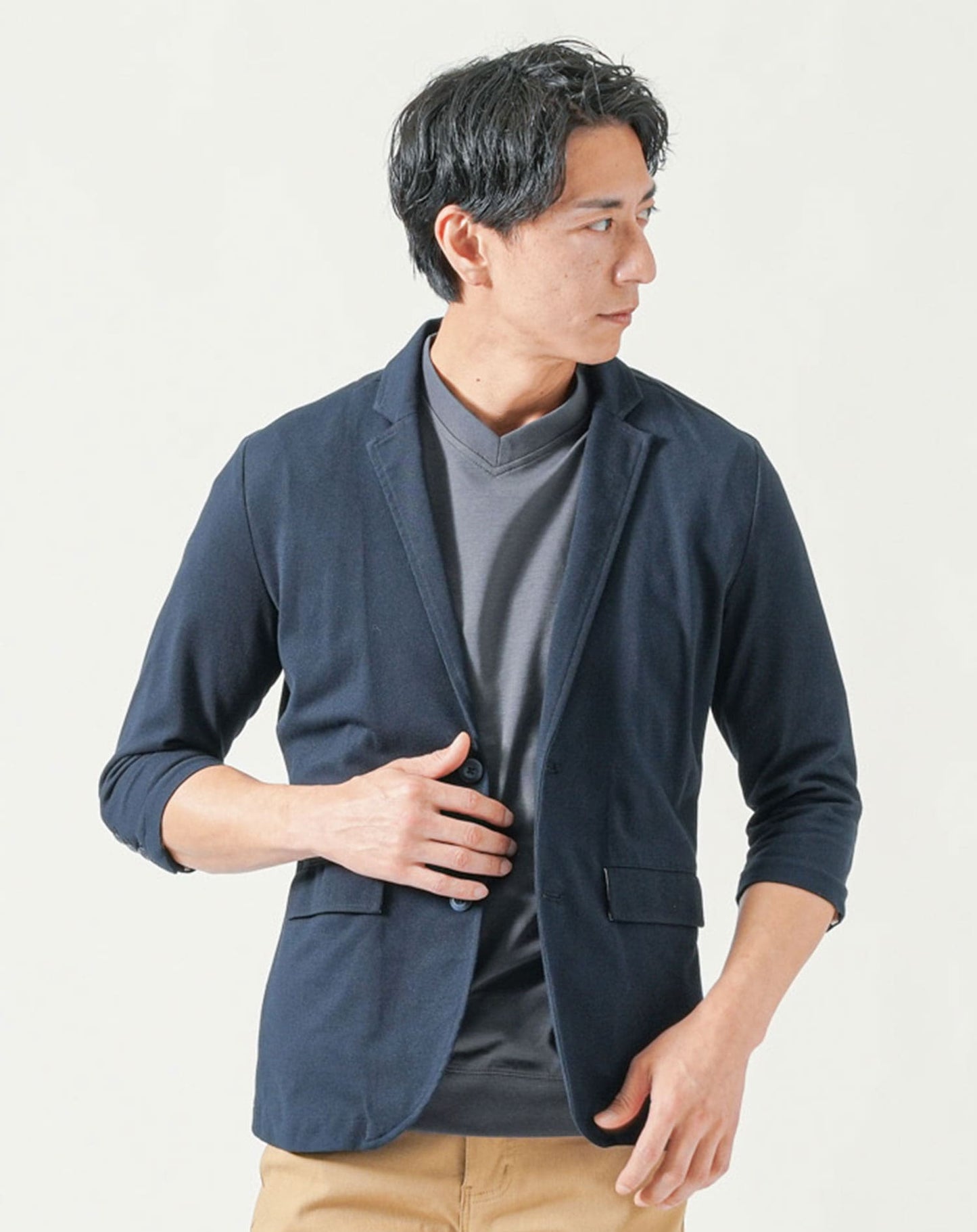 メンズ夏服トップス3点コーデセット　ネイビー7分袖テーラードジャケット×白半袖Tシャツ×チャコールグレー半袖Tシャツ