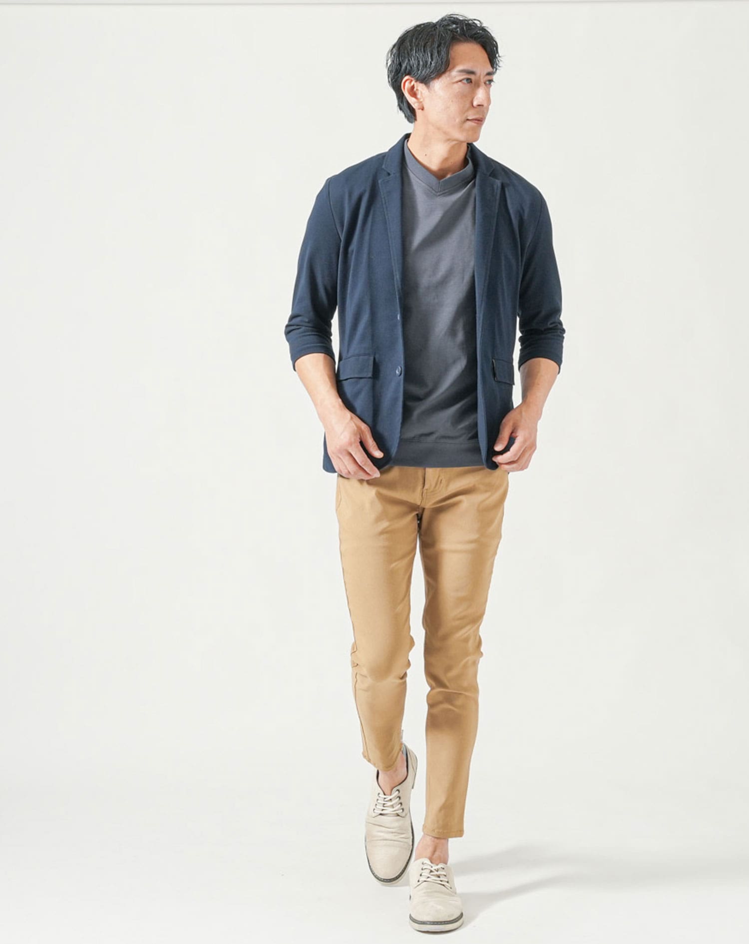 メンズ夏服トップス3点コーデセット　ネイビー7分袖テーラードジャケット×白半袖Tシャツ×チャコールグレー半袖Tシャツ