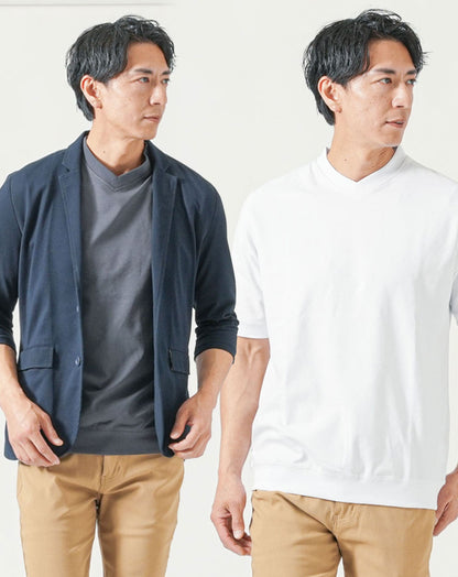 メンズ夏服トップス3点コーデセット　ネイビー7分袖テーラードジャケット×白半袖Tシャツ×チャコールグレー半袖Tシャツ