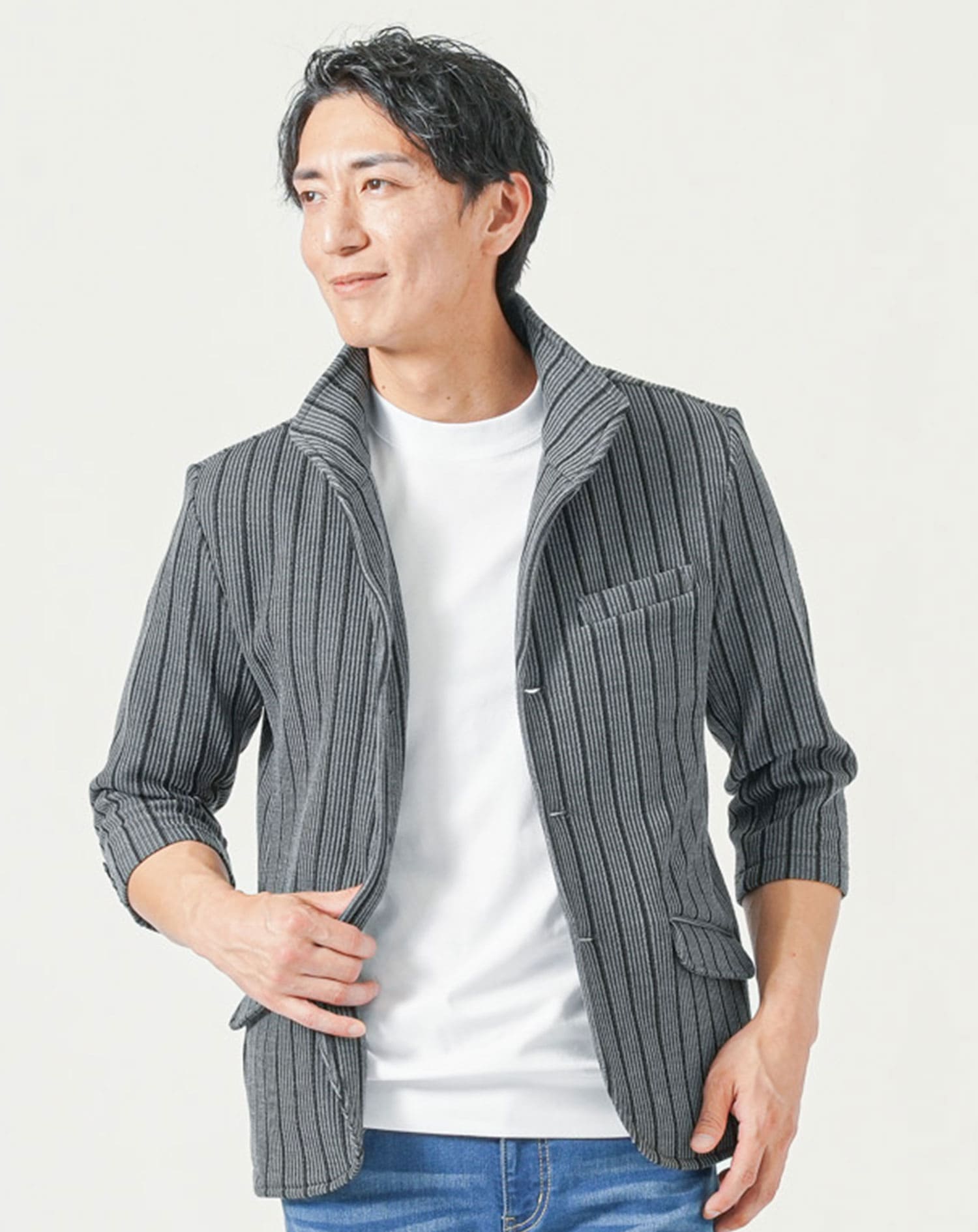 メンズ夏服トップス3点コーデセット　グレー7分袖ジャケット×白半袖Tシャツ×ネイビー半袖Tシャツ