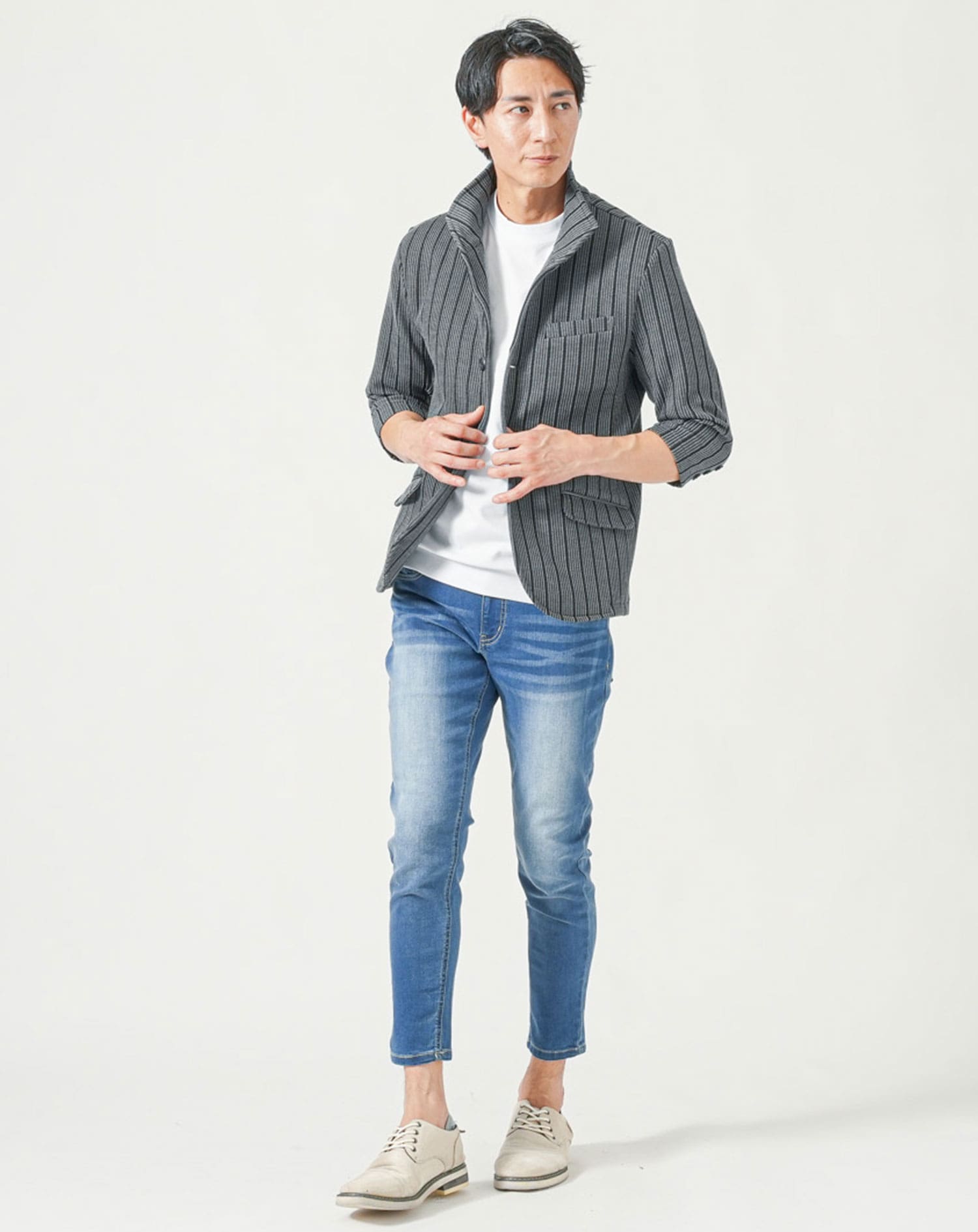 メンズ夏服トップス3点コーデセット　グレー7分袖ジャケット×白半袖Tシャツ×ネイビー半袖Tシャツ