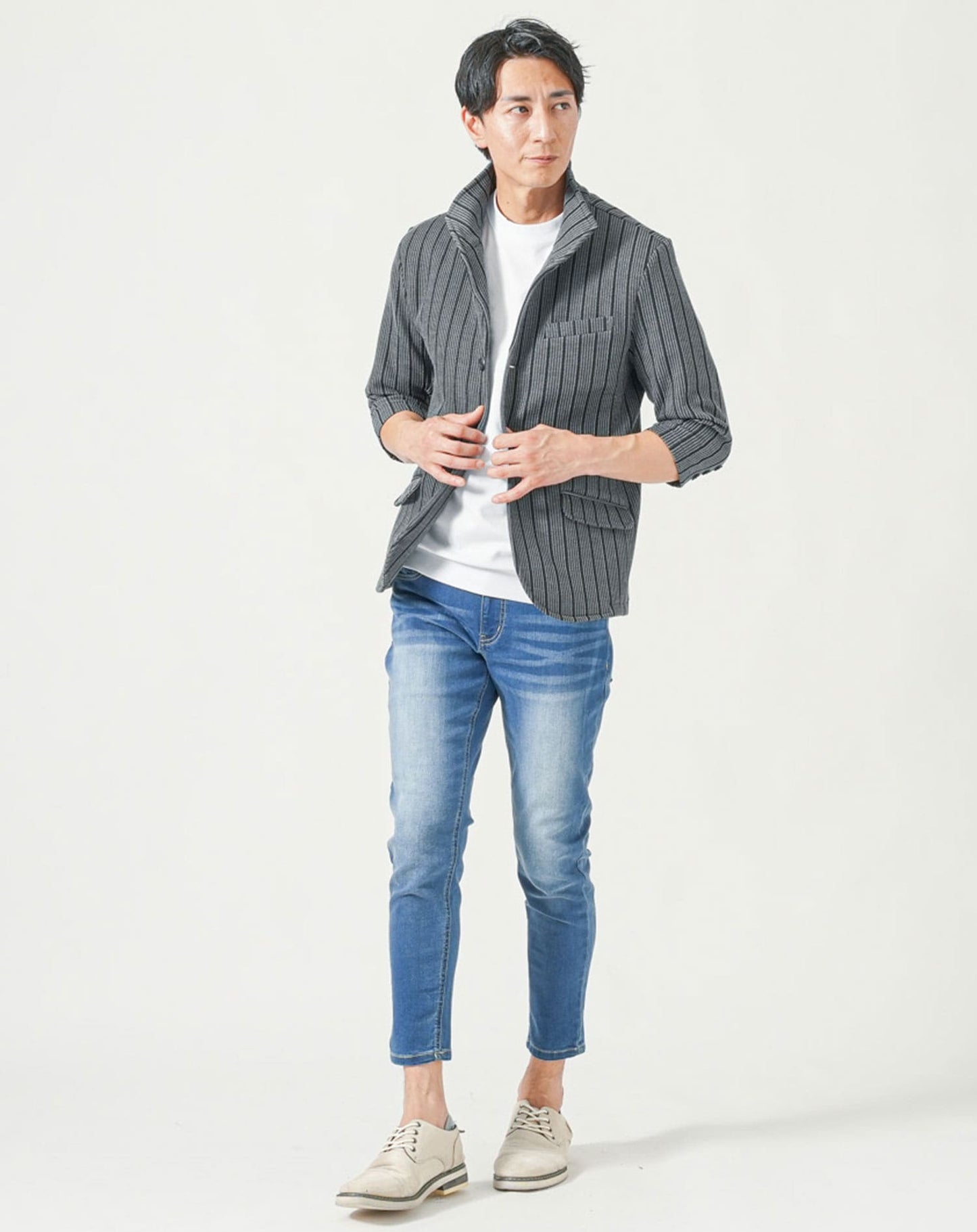 メンズ夏服トップス3点コーデセット　グレー7分袖ジャケット×白半袖Tシャツ×ネイビー半袖Tシャツ