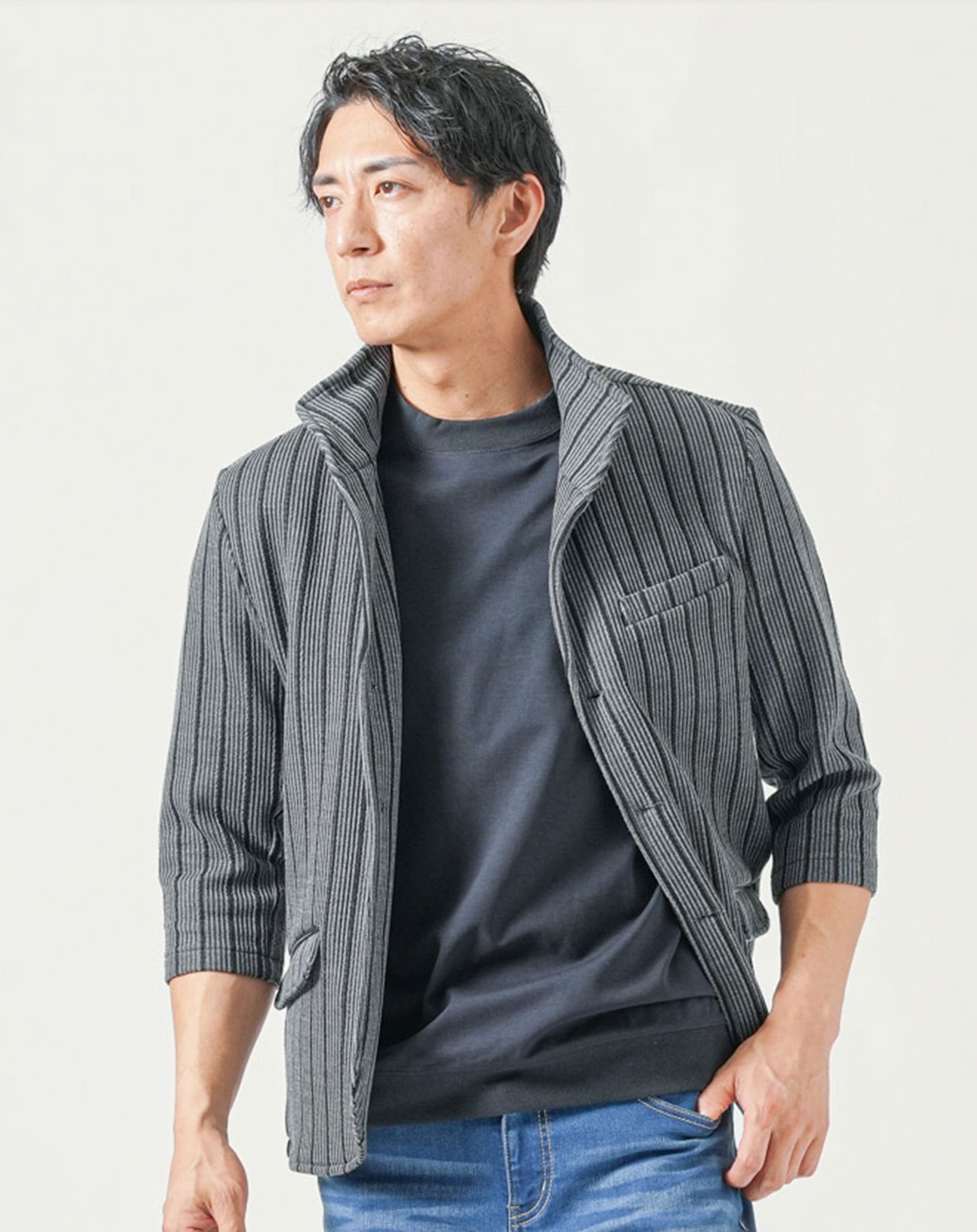 メンズ夏服トップス3点コーデセット　グレー7分袖ジャケット×白半袖Tシャツ×ネイビー半袖Tシャツ